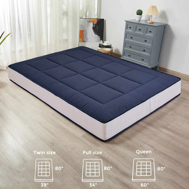 MAXYOYO Japanese Floor Futon Mattress - Thick Padded & Portable Navy Blue Floor Bed for Guest Room, Dorm, Camping & Travel