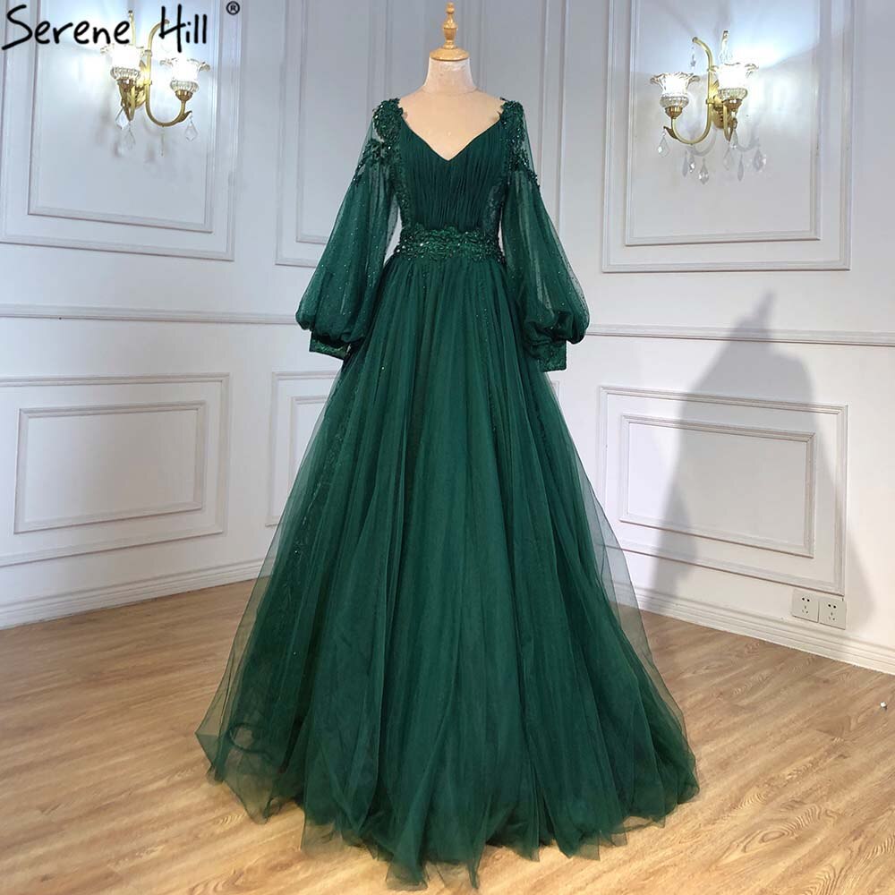 Elegant Green Lantern Sleeve Evening Gowns for Women - 2025 A-Line Beaded Luxury Wedding & Party Dresses | Perfect for Formal Events, Galas, and Special Occasions