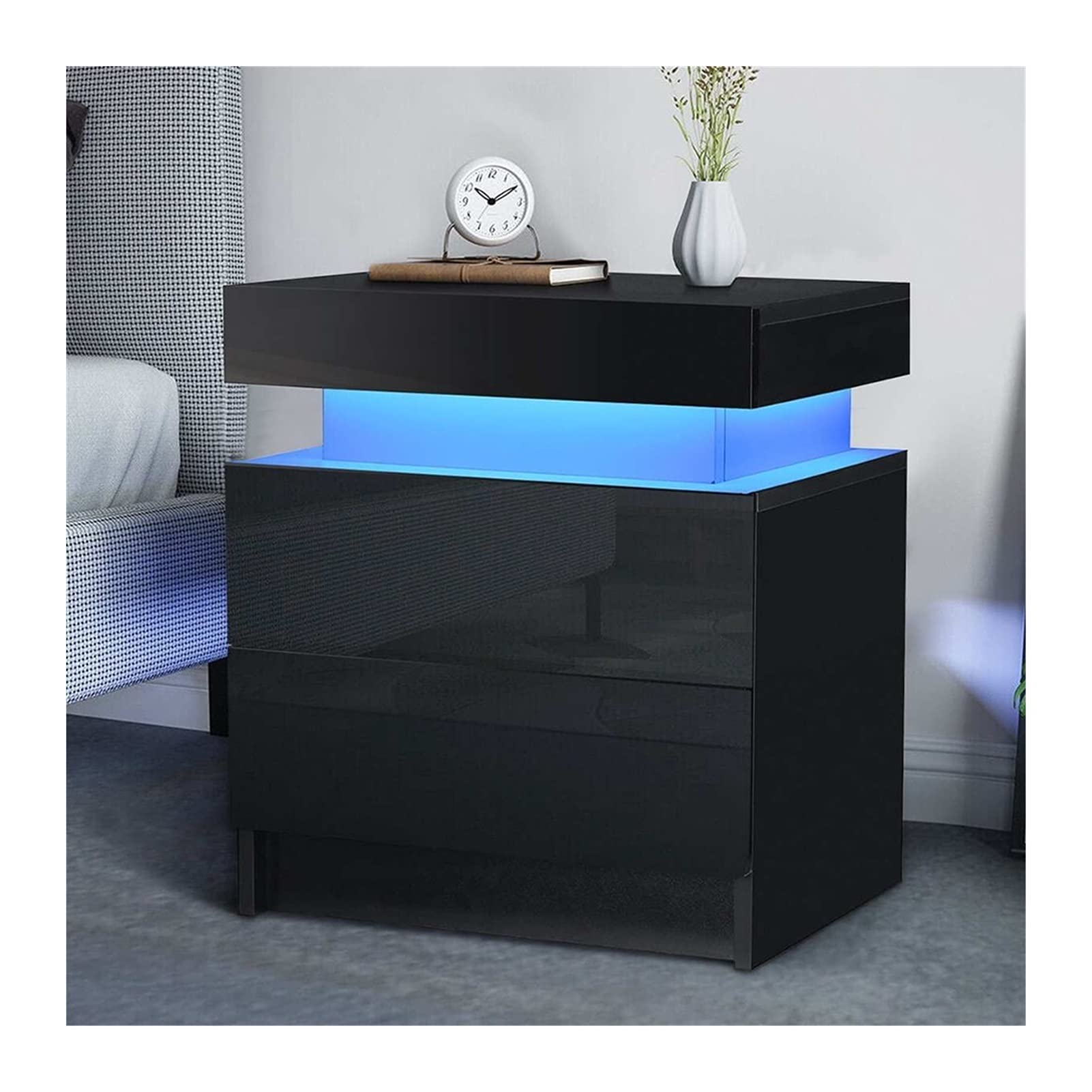 Modern High Gloss Nightstand with RGB LED Lights - 2 Drawer Bedside Cabinet, Contemporary Bedroom Furniture (Black/White) - Perfect for Small Spaces, Dorm Rooms & Apartment Bedrooms
