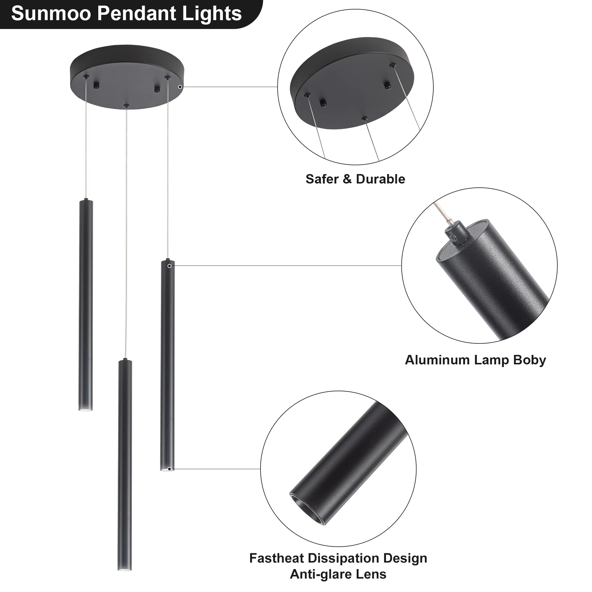 Modern 3-Light Cluster Pendant Lighting Fixture - Dimmable LED Ceiling Hanging Light for Kitchen Island, Dining Room & Bar (6000K Cool White, Black) - Perfect for Contemporary Home Decor & Restaurant Lighting