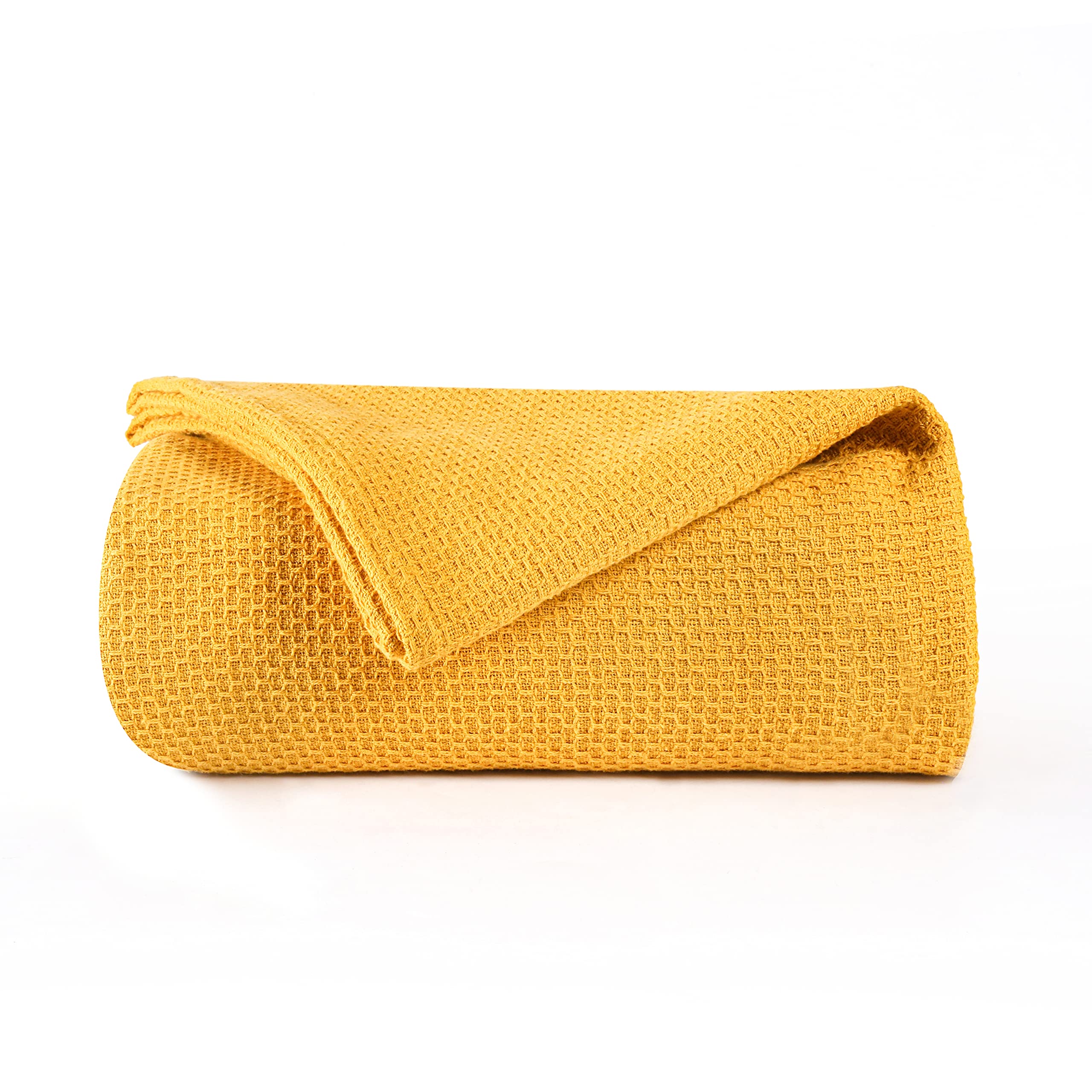 BOUTIQUO 100% Cotton Honeycomb Waffle Blanket - Breathable Thermal Bed Blanket for All Seasons, Full/Queen Size 90'x90', Soft & Cozy Mustard Yellow - Perfect for Layering on Beds, Sofas, or as a Cozy Throw for Chilly Evenings