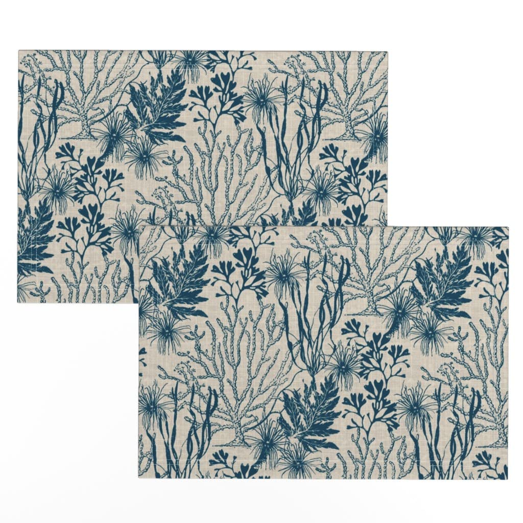 Premium Linen Cotton Canvas Placemats Set of 2 - Blue Seaweed Nautical Ocean Coral Design for Dining Table Decor | Beach Themed Kitchen Accessories | Perfect for Coastal Home, Restaurant, and Outdoor Entertaining