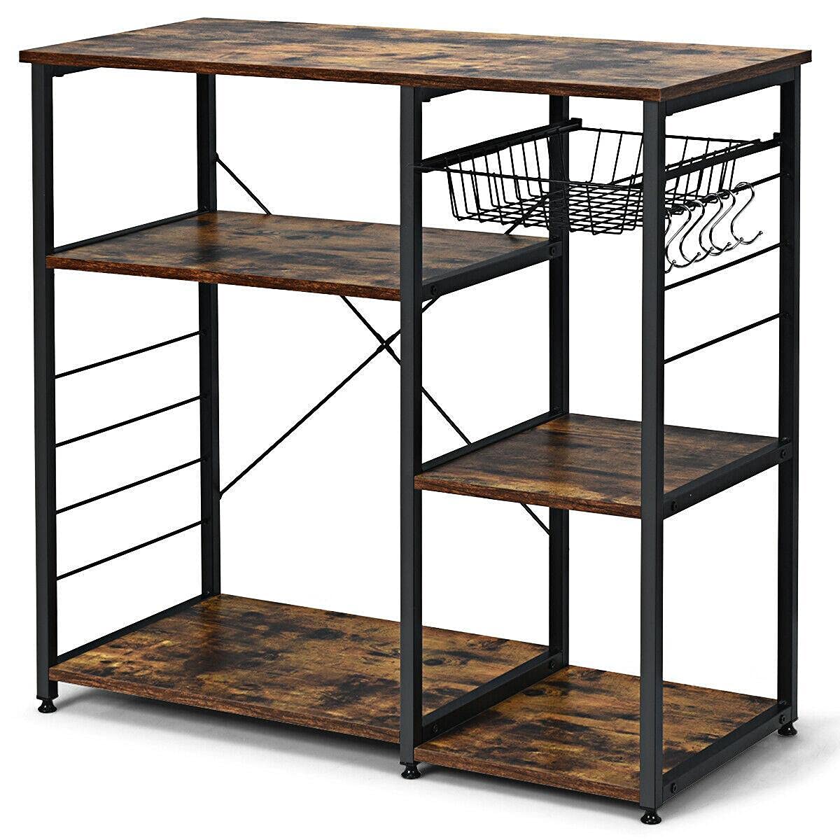 EnginDS Industrial Kitchen Baker's Rack Microwave Stand with 6 Hooks - Heavy Duty Storage Shelf for Kitchen, Pantry, or Garage - Perfect for Organizing Small Appliances, Spices, and Cookware