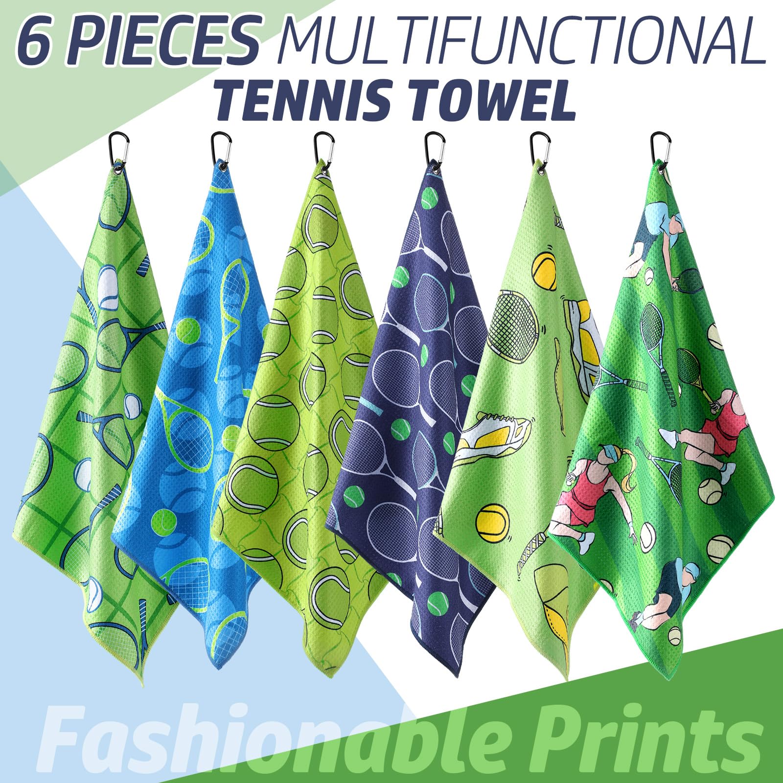 6 Pack Funny Printed Tennis Towels with Clip - 15x17 Inch Soft Microfiber Sweat Towels for Women & Men - Perfect for Tennis Matches, Gym Workouts and Sports Gifts