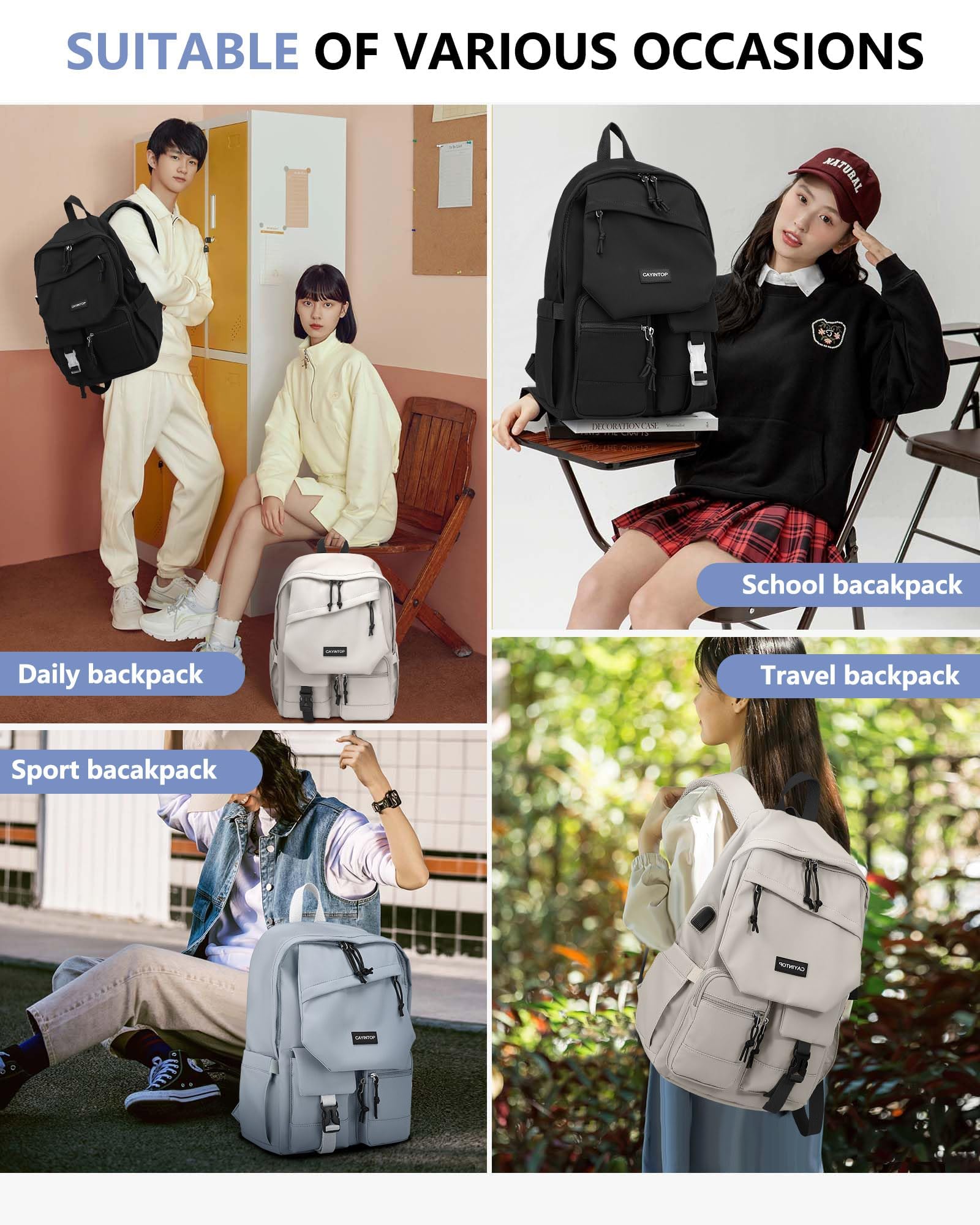 Stylish Black School Backpack for Students - 15.6 Inch Laptop Backpack with USB Charging Port for Women, Girls, Teens & Boys | Perfect for College, Work & Travel
