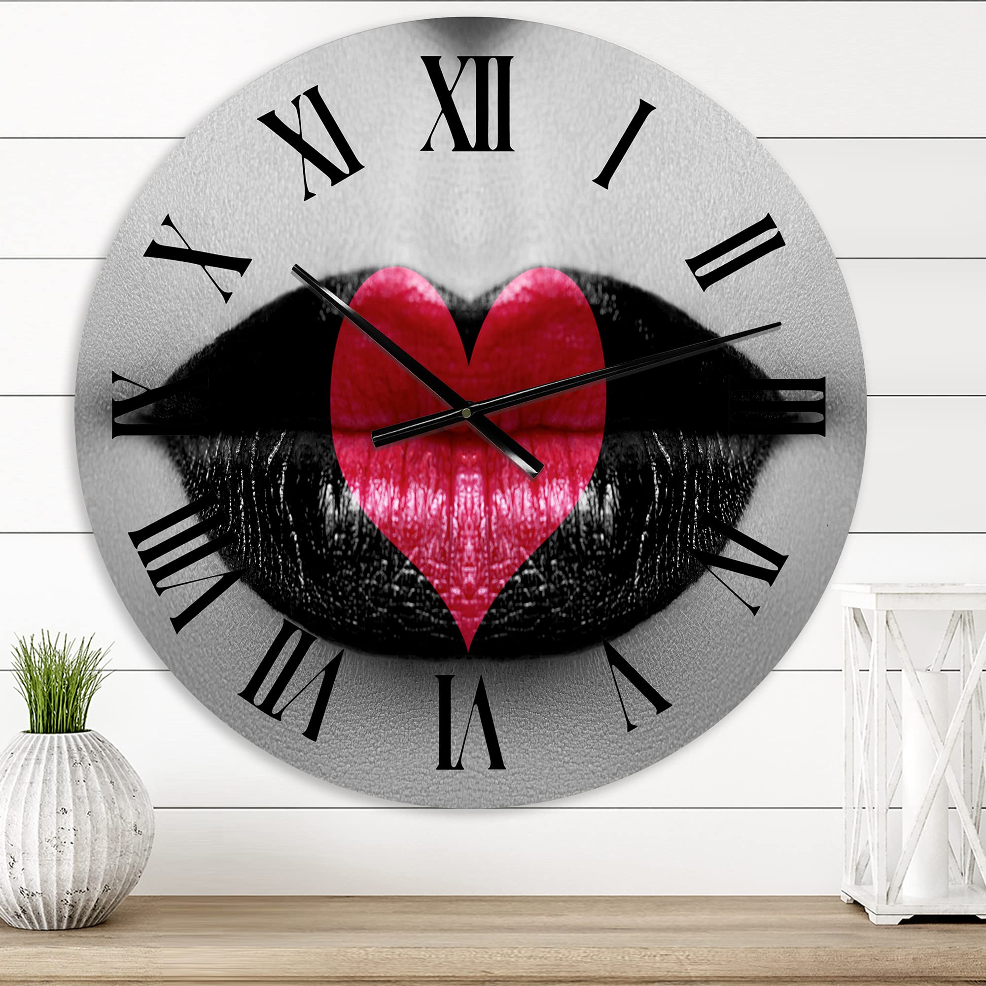 Modern Red Heart in Black and White Lips Large Wall Clock - Stylish Home Decor for Living Room, Bedroom & Office - Silent Non-Ticking Battery Operated
