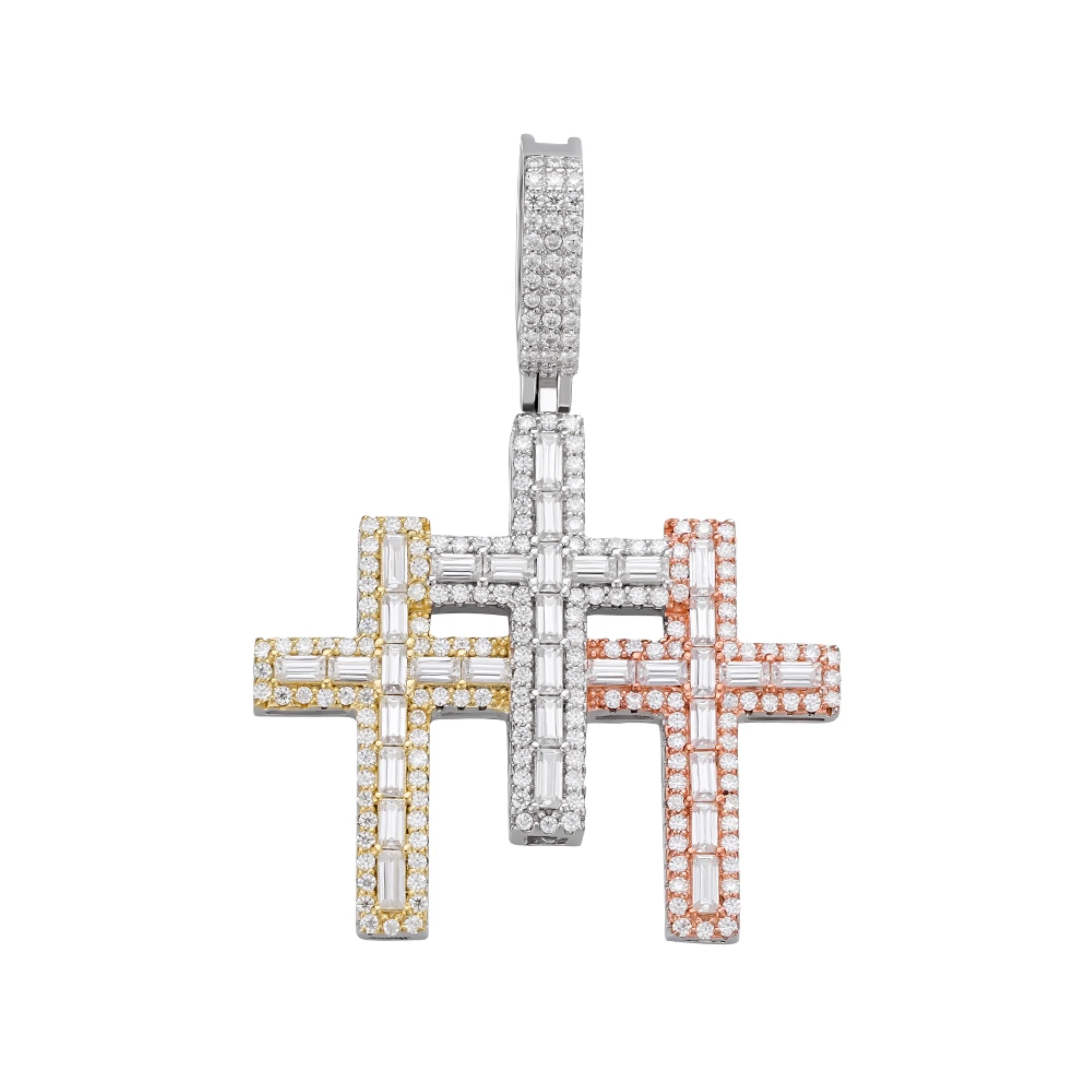 Moissanite Triple Cross Pendant Necklace in 3-Tone Gold & Rose Silver - Perfect for Gifts, Weddings & Everyday Elegance