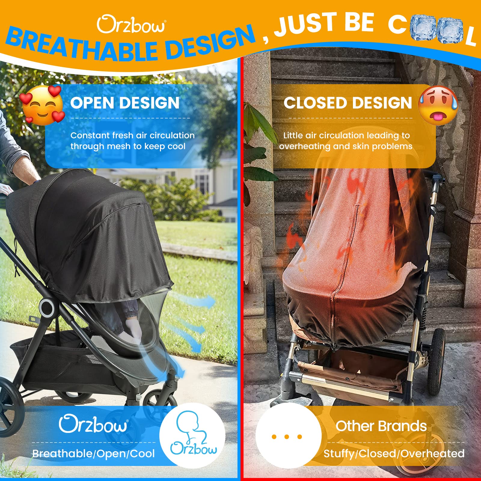 Orzbow 2-in-1 Baby Mosquito Net with UPF50+ Sunshade - Breathable Stroller Cover with Two-Way Zipper & Storage Bag - Fits Bassinet, Car Seat & Carrycot - Grey - Perfect for Outdoor Walks, Park Visits & Travel Protection