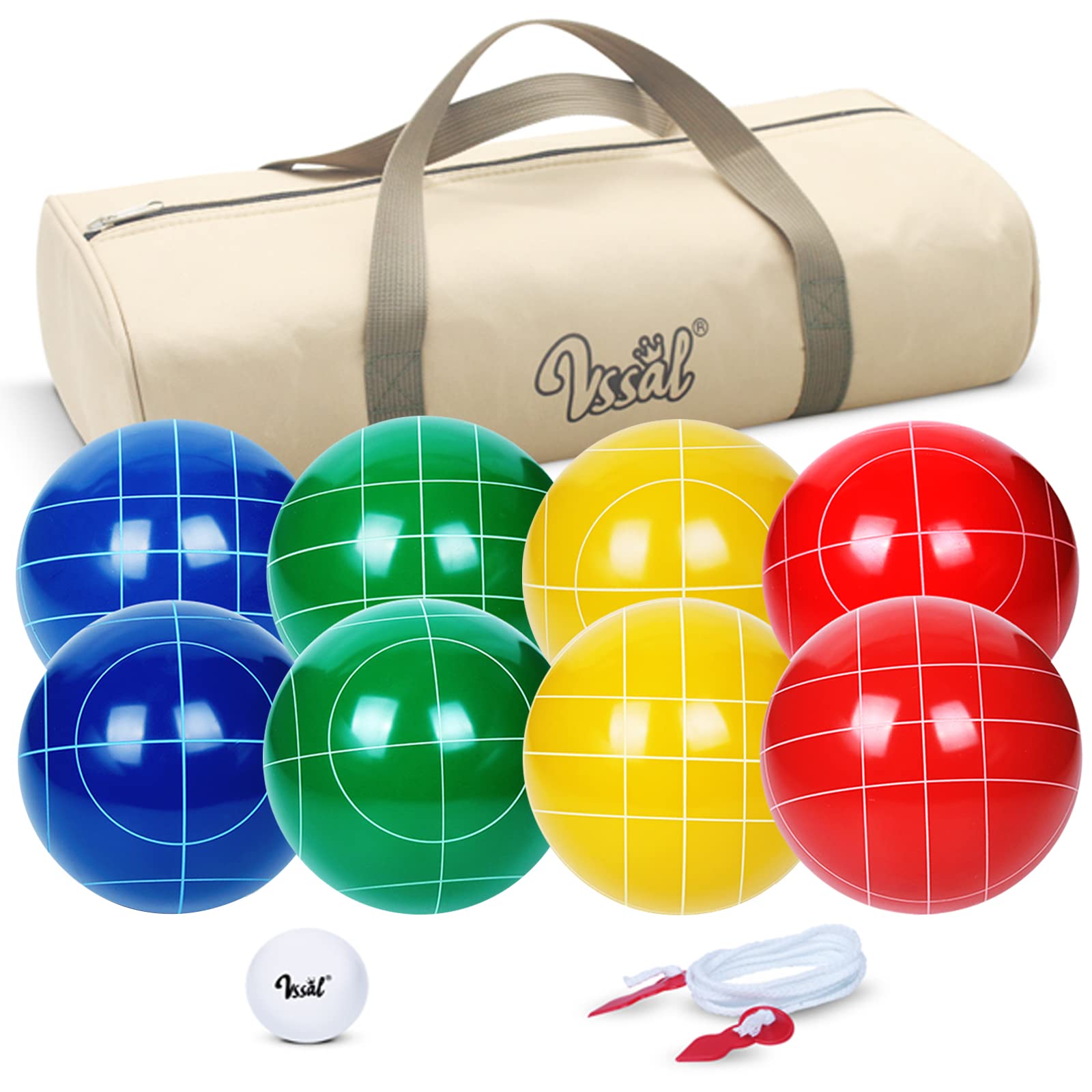 VSSAL 107mm Professional Bocce Ball Set - Regulation Size & Weight (920g/2.03lbs) - Includes 8 Balls, Pallino, Carrying Bag & Measuring Rope - Perfect for Tournaments, Backyard, Lawn & Beach Games
