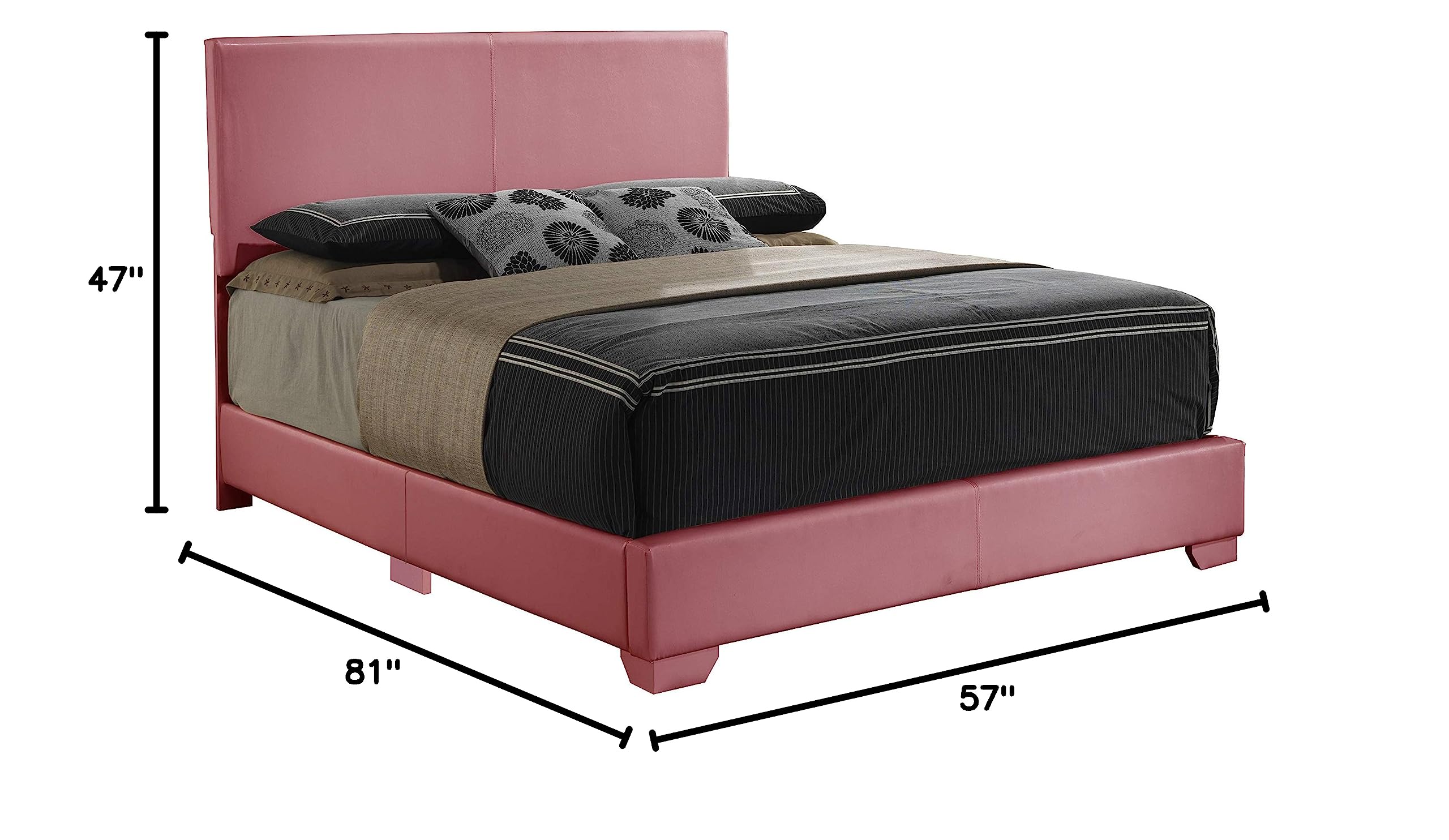 Glory Furniture Aaron Faux Leather Upholstered Full Size Bed Frame in Pink - Modern Bedroom Furniture for Girls, Teens & Guest Rooms