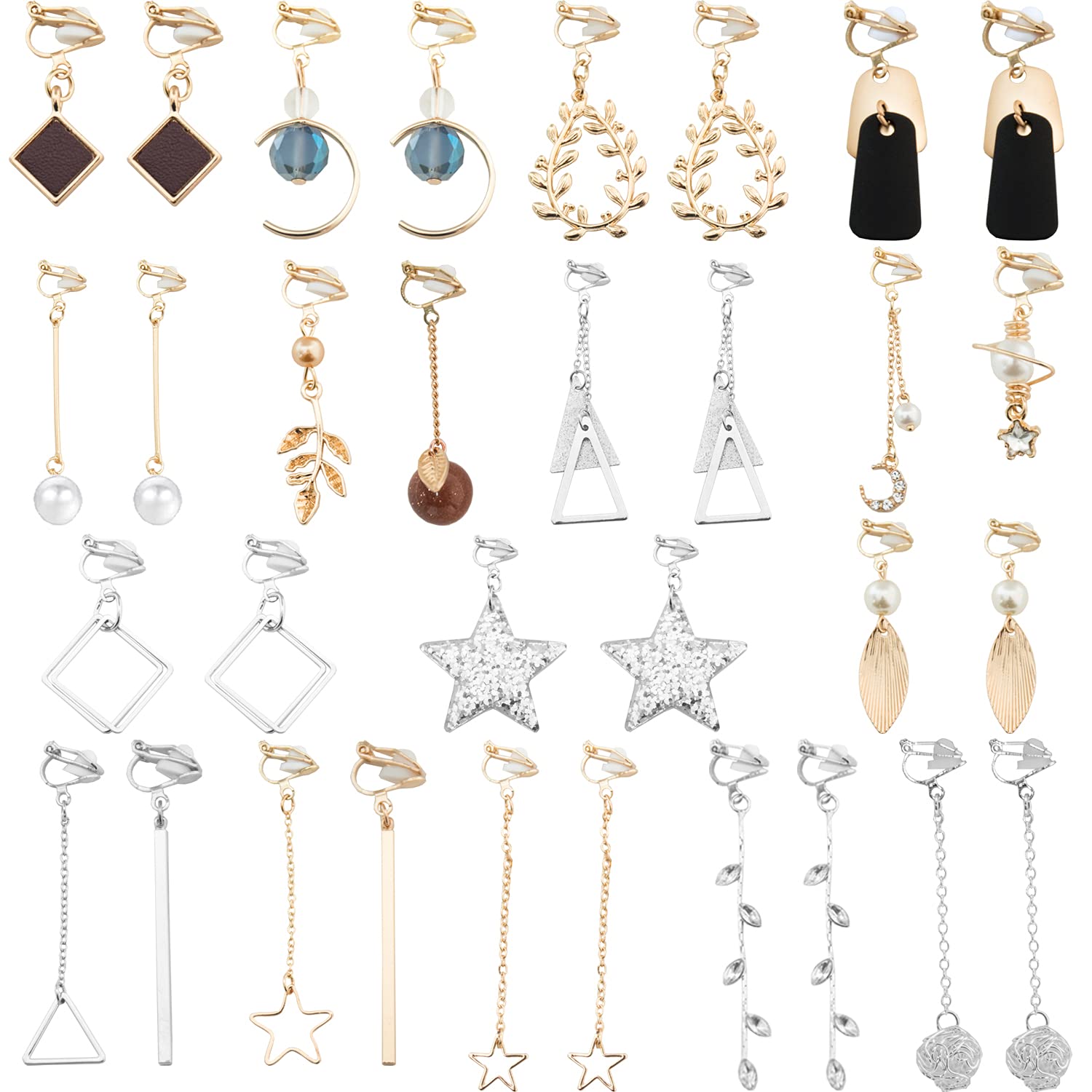 NEWITIN 16 Pairs Clip On Earrings for Women - Cute Non-Piercing Dangle Drop Earrings | Fashionable Charm Ear Clips | Perfect for Parties, Weddings & Everyday Wear