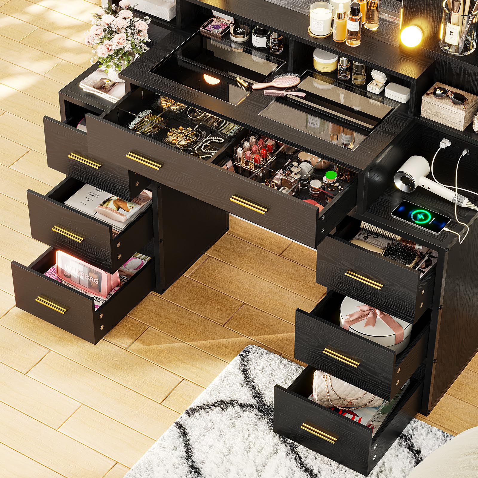 Makeup Vanity with LED Lights & 10X Magnifying Mirror - Wood Grain Black Vanity Desk with Glass Top, 8 Drawers & 6 Shelves, 3 Lighting Modes & Built-in Power Outlet - Perfect for Bedroom, Dressing Room & Beauty Salon Makeup Application