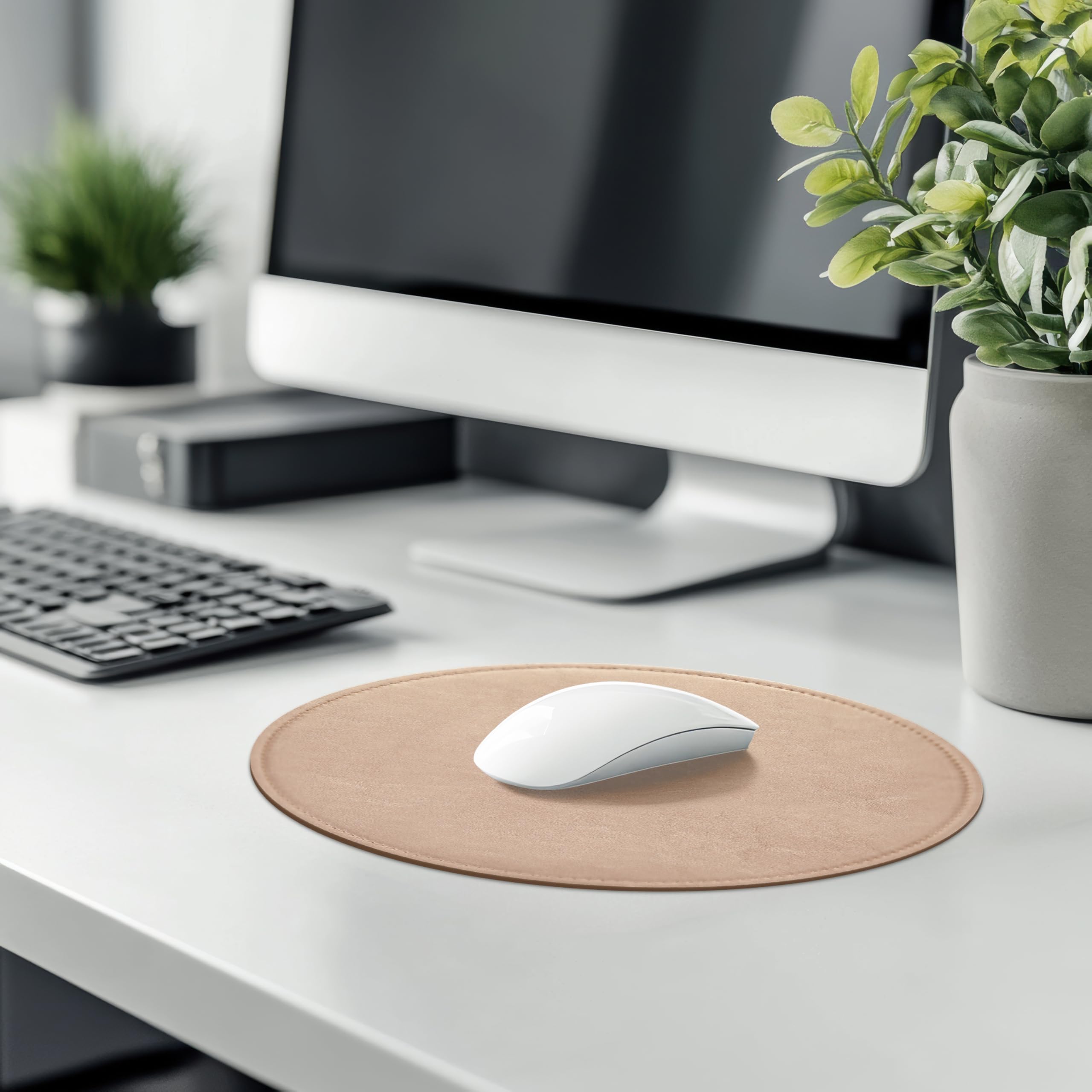 Premium Round PU Leather Mouse Pad with Stitched Edge & Non-Slip Micro-Fiber Base - Waterproof Desk Mat for Computer, Laptop, Gaming (9x9 Inch, Champagne Gold) - Perfect for Office, Home & Gaming Setups