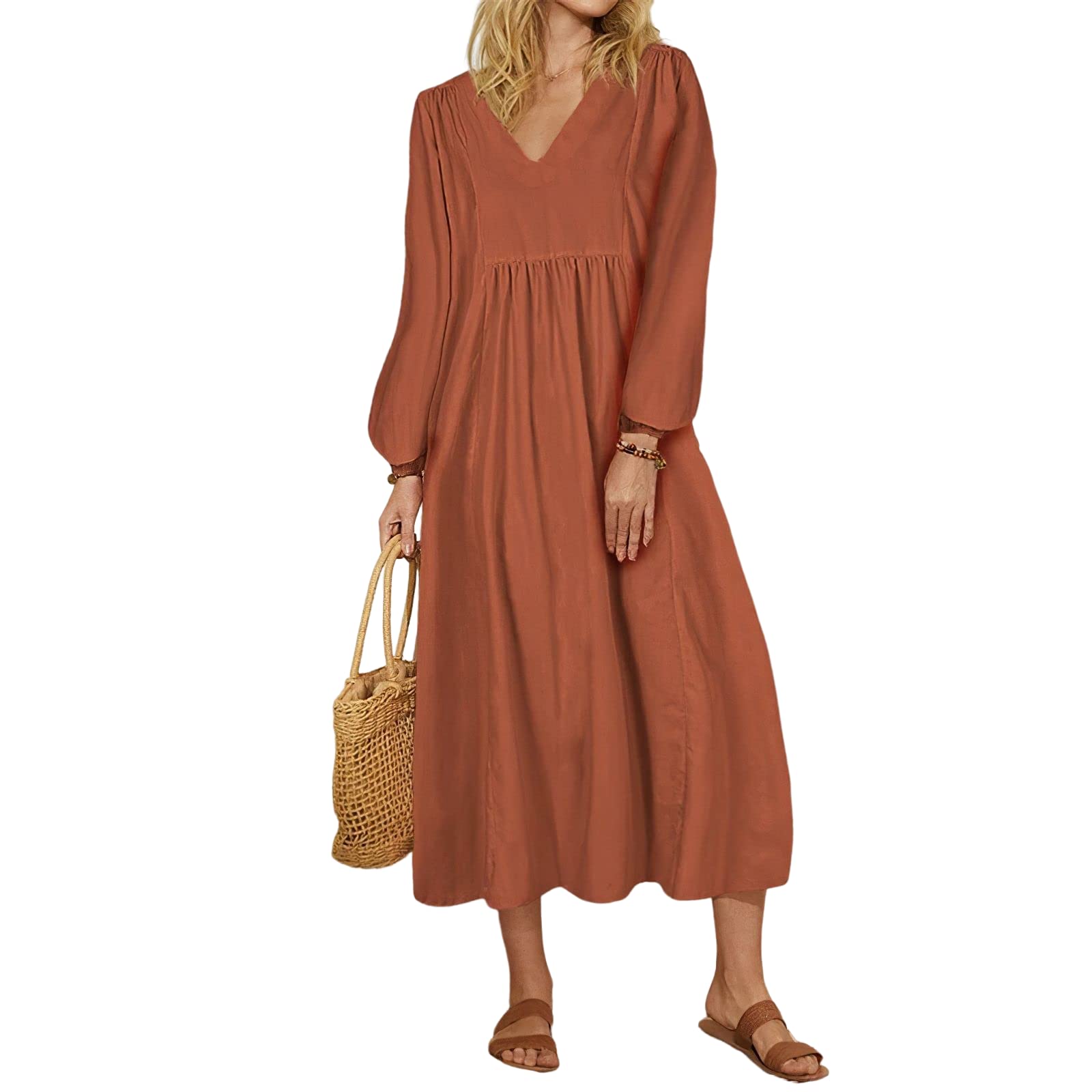Women's Summer Casual V-Neck Lantern Sleeve Linen Midi Dress - Solid Color Loose Fit Long Dress for Beach, Vacation & Everyday Wear