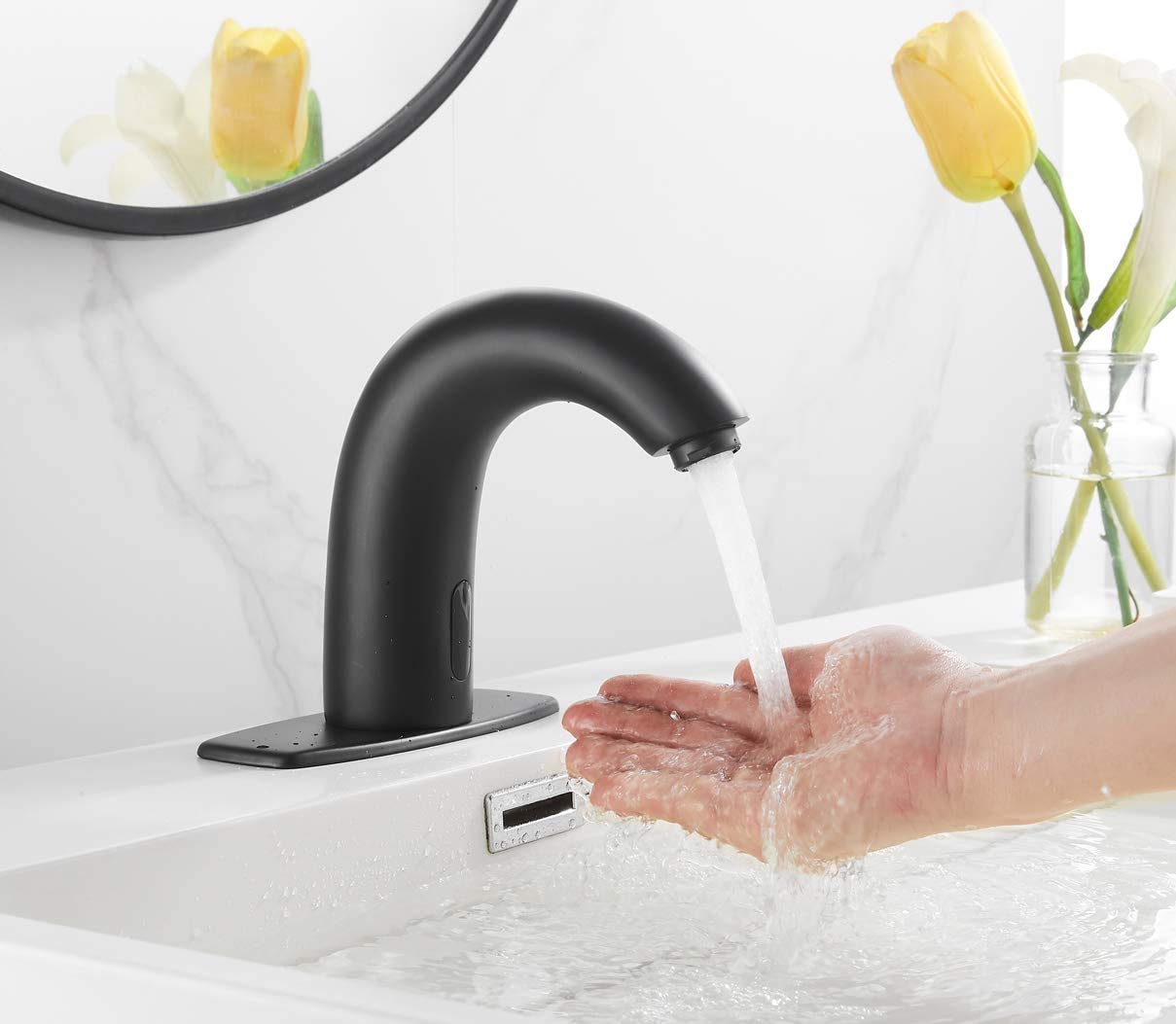 Touchless Automatic Bathroom Sink Faucet with Sensor - Matte Black Deck Mount Hands-Free Faucet with Hole Cover Plate, Dual Power & Temperature Mixer | Ideal for Modern Homes, Public Restrooms & ADA Compliant Spaces