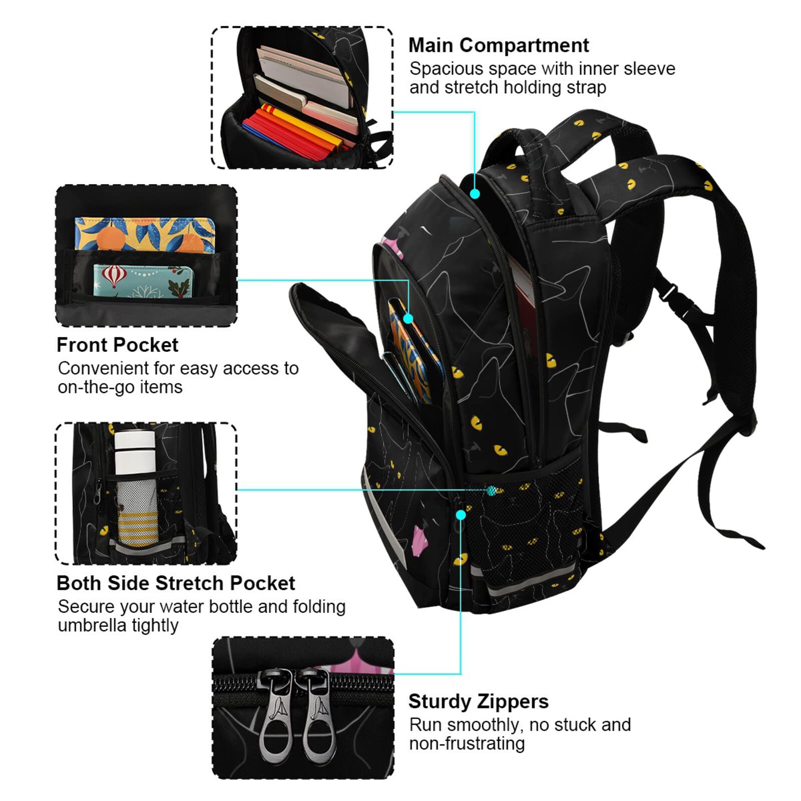 Stylish Black Cat Print School Backpack for Teens - Durable Bookbag for Middle School, High School & College Students - Comfortable Wide Shoulder Strap Backpack - Perfect for Daily Classes, Campus Life & Travel