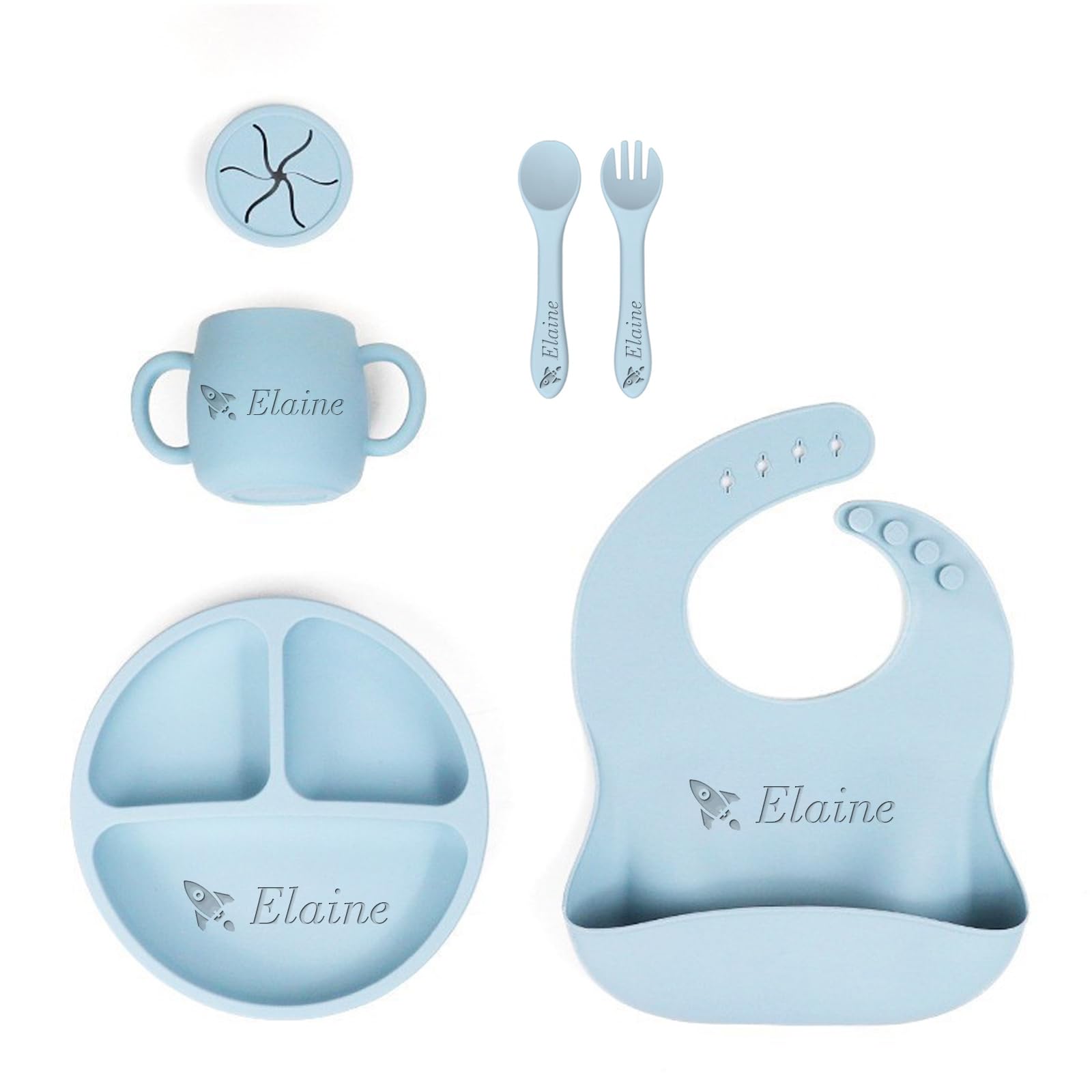 Personalized Silicone Baby Feeding Set - Custom Snack Cup with Lid, Adjustable Bibs & Soft Spoon/Fork - Perfect for Weaning, Travel & Birthday Gifts (Yellow) - Ideal for Mess-Free Meals at Home, Daycare or On-The-Go