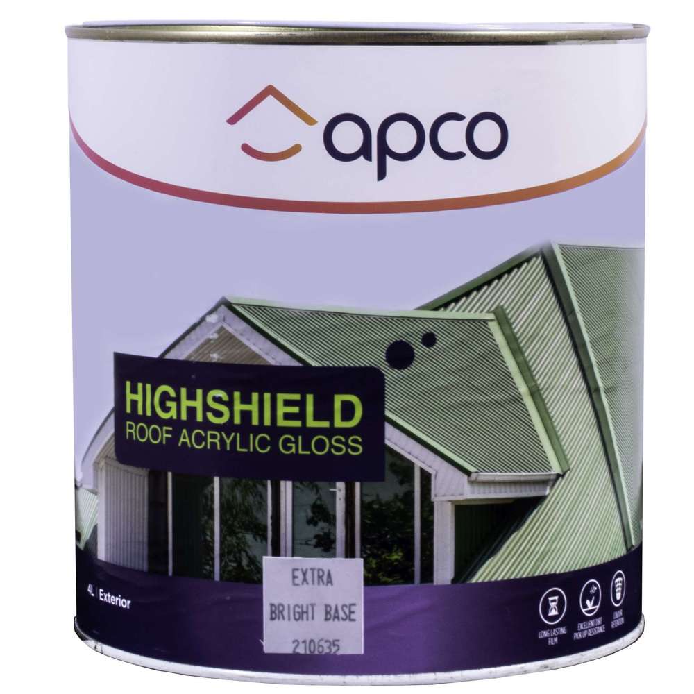 Apco Highshield Gloss Acrylic Roof Paint - Extra Bright White Base - 4 Liter (1 Gallon) - Weatherproof & UV Resistant - Perfect for Home Roofs, Sheds & Outdoor Structures