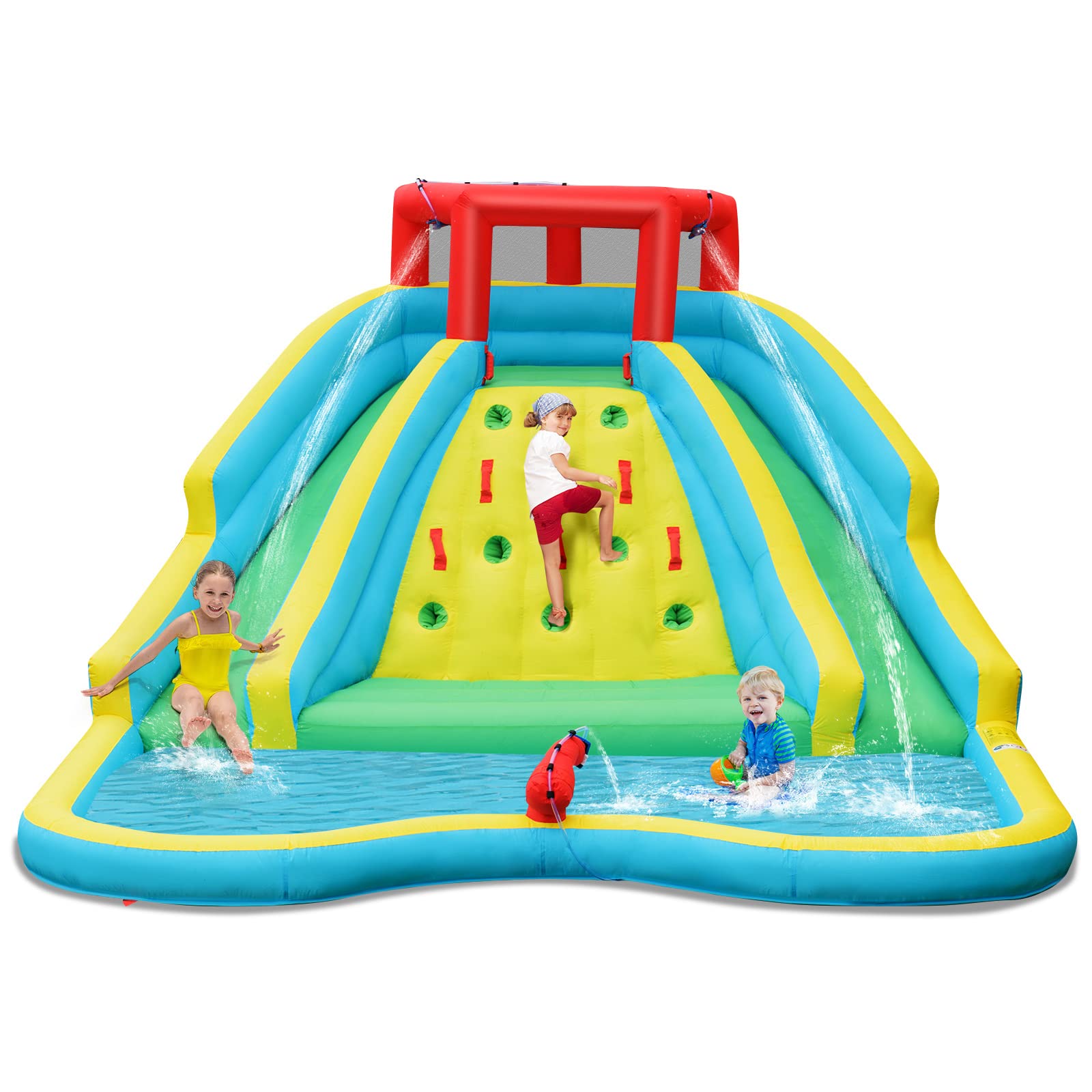 **HONEY JOY Inflatable Water Slide for Kids - Giant Backyard Water Park with 2 Long Slides, Climbing Wall, Water Hoses & Cannon, Large Splash Pool - Outdoor Blow Up Waterslide for Summer Fun, Parties & Family Gatherings (Blower Not Included)**