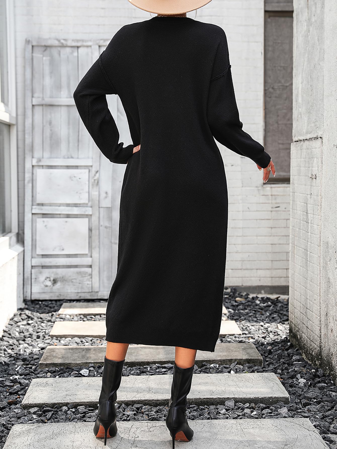 Hathne Women's Crew Neck Button Down Sweater Dress - Long Sleeve Loose Waffle Knit Pullover Maxi Dress for Casual Outfits, Fall Winter Fashion & Layering