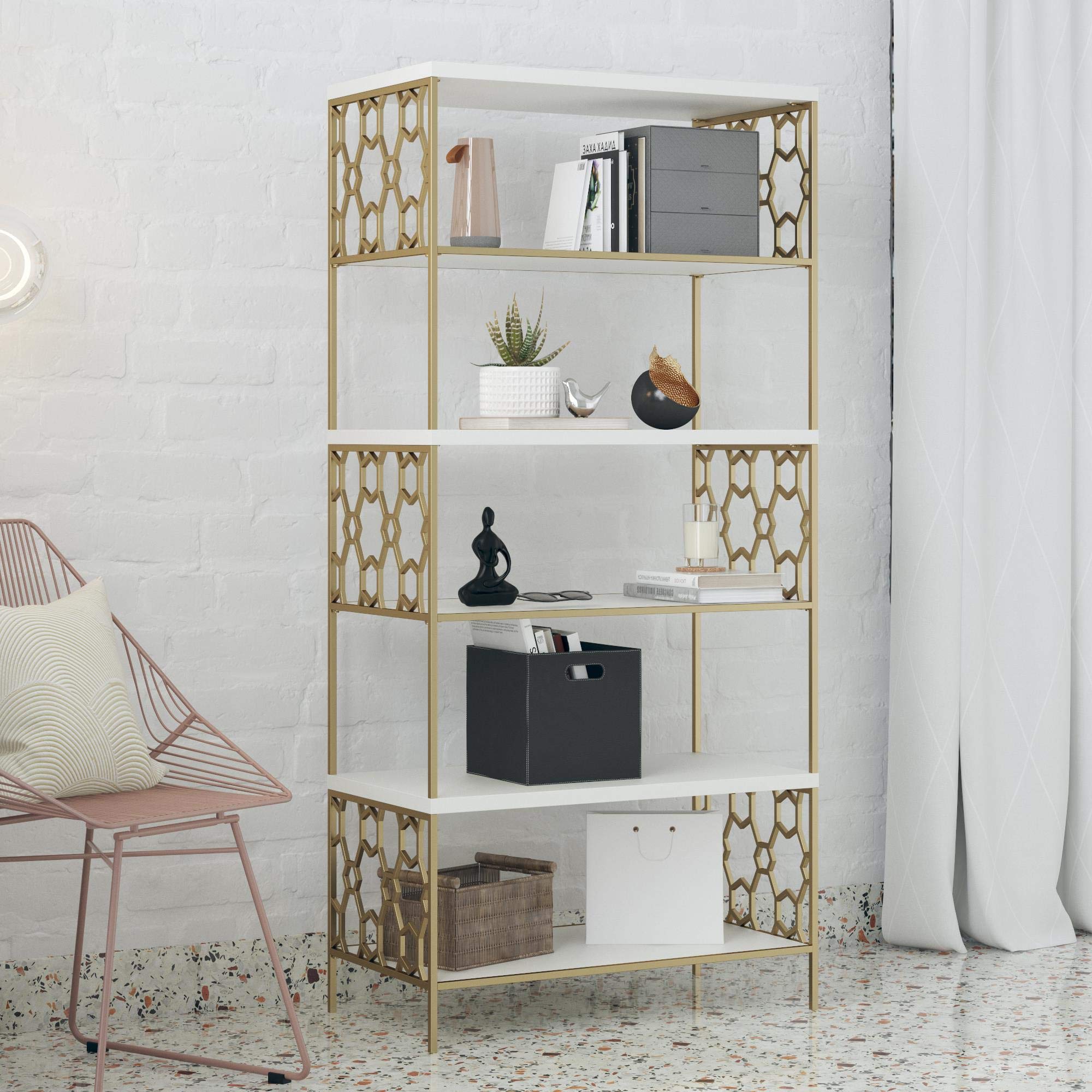 CosmoLiving by Cosmopolitan Ella 5-Shelf White Bookcase - Modern Bookshelf for Living Room, Bedroom & Office Storage