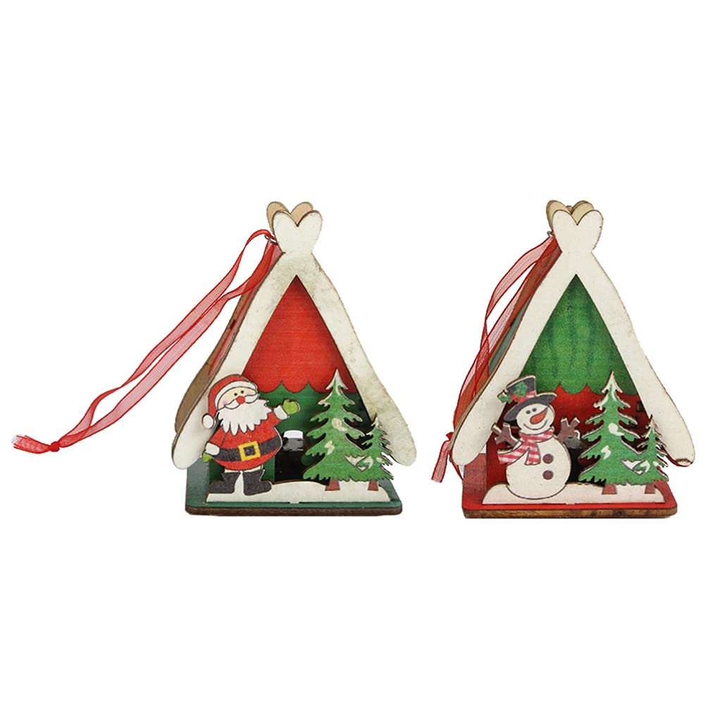 NUOBESTY 2-Pack LED Lighted Wooden Christmas House Ornaments - Glowing Xmas Tree Decor with Hanging Hook for Holiday Home, Party & Festive Decorations