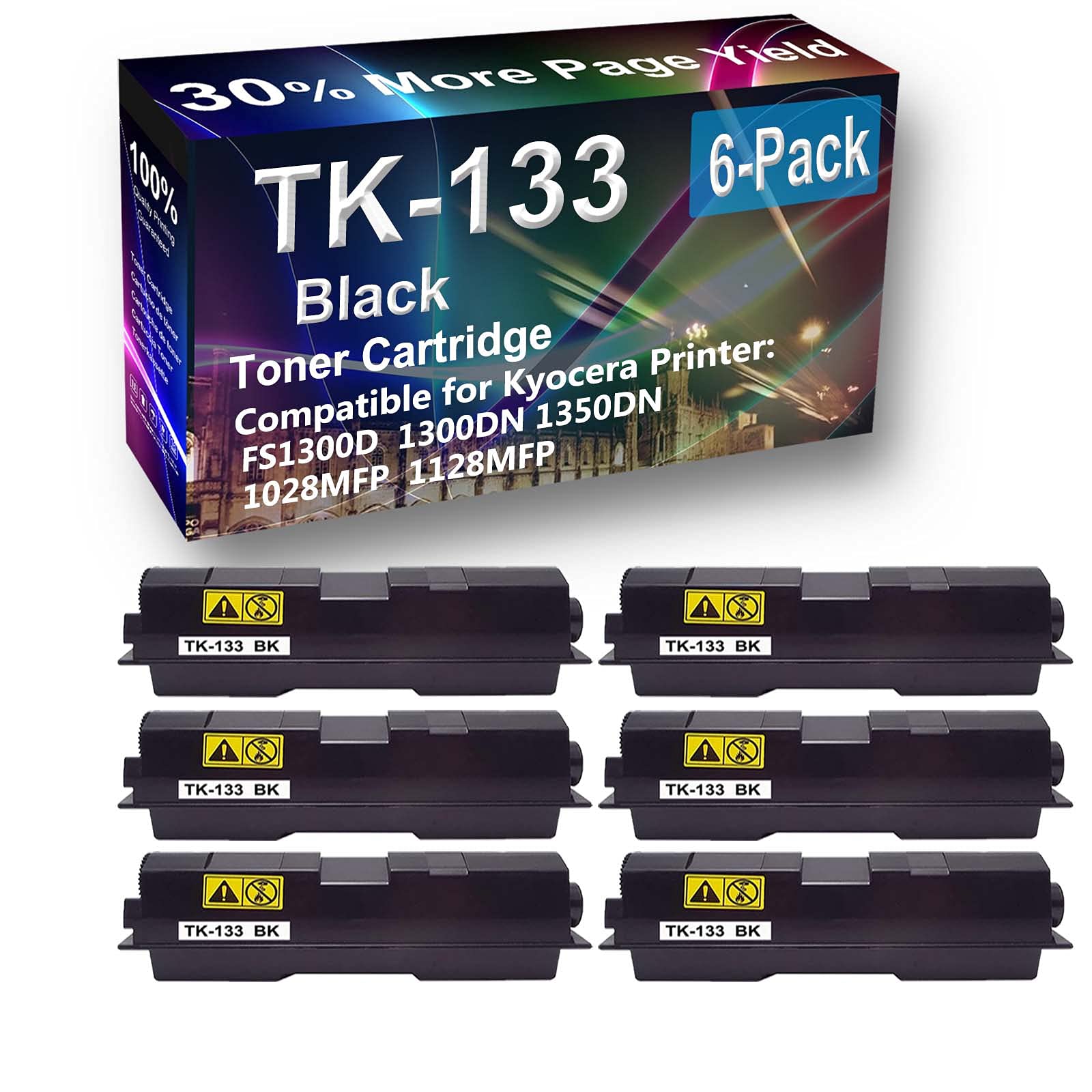 6-Pack High Capacity TK133 (TK-133) Compatible Toner Cartridge for Kyocera 1350DN Printer - Black Ink Replacement for Office & Home Printing Needs