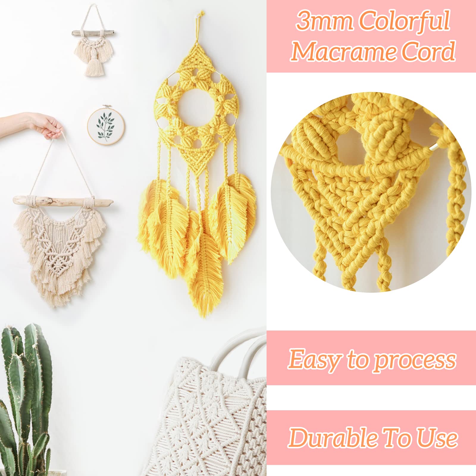 3mm Single Strand Macrame Cord 220 Yards - Natural Cotton Rope for Wall Hangings, Plant Hangers, DIY Crafts & Home Decor | Perfect for Bohemian Style, Macrame Projects & Handmade Gifts