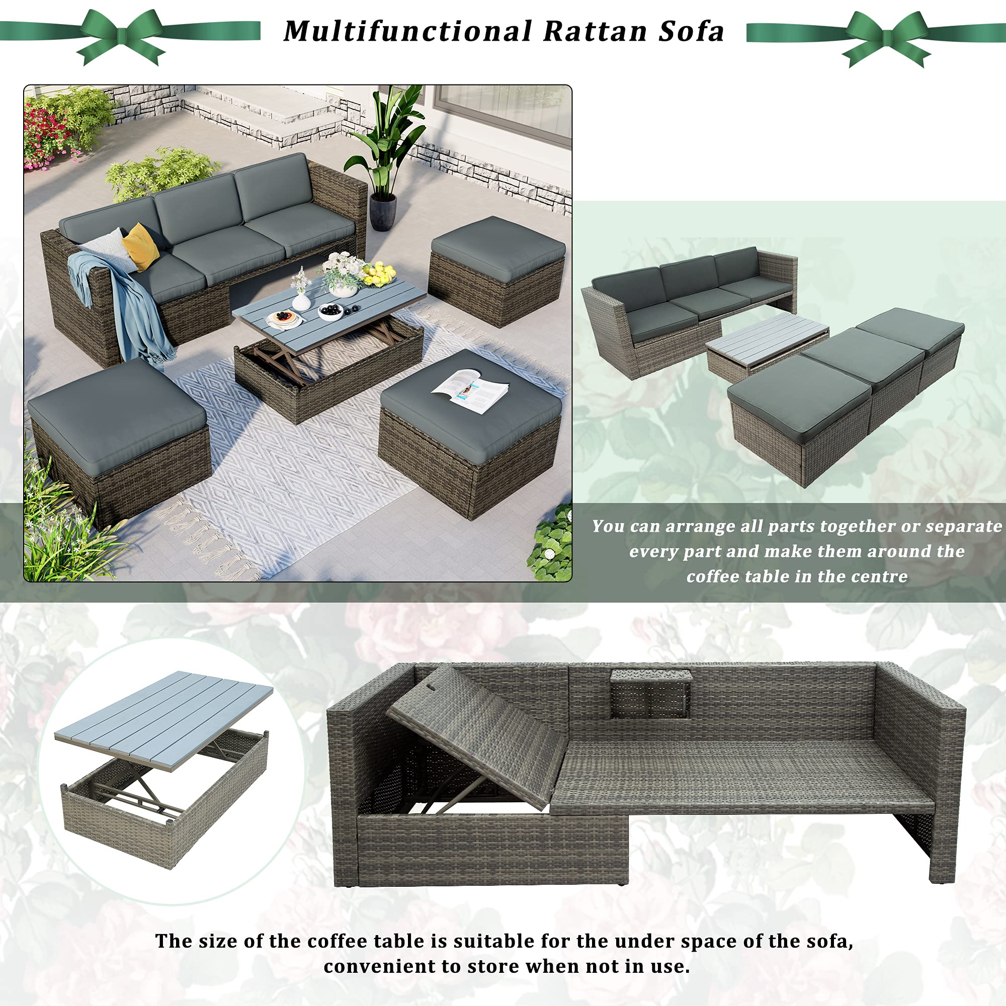 5-Piece Outdoor Patio Furniture Set - Wicker Sofa with Adjustable Backrest, Cushions, Ottomans & Lift-Top Coffee Table - Perfect for Garden, Poolside, Backyard, Balcony (Grey) - Ideal for Relaxing, Entertaining & Outdoor Lounging