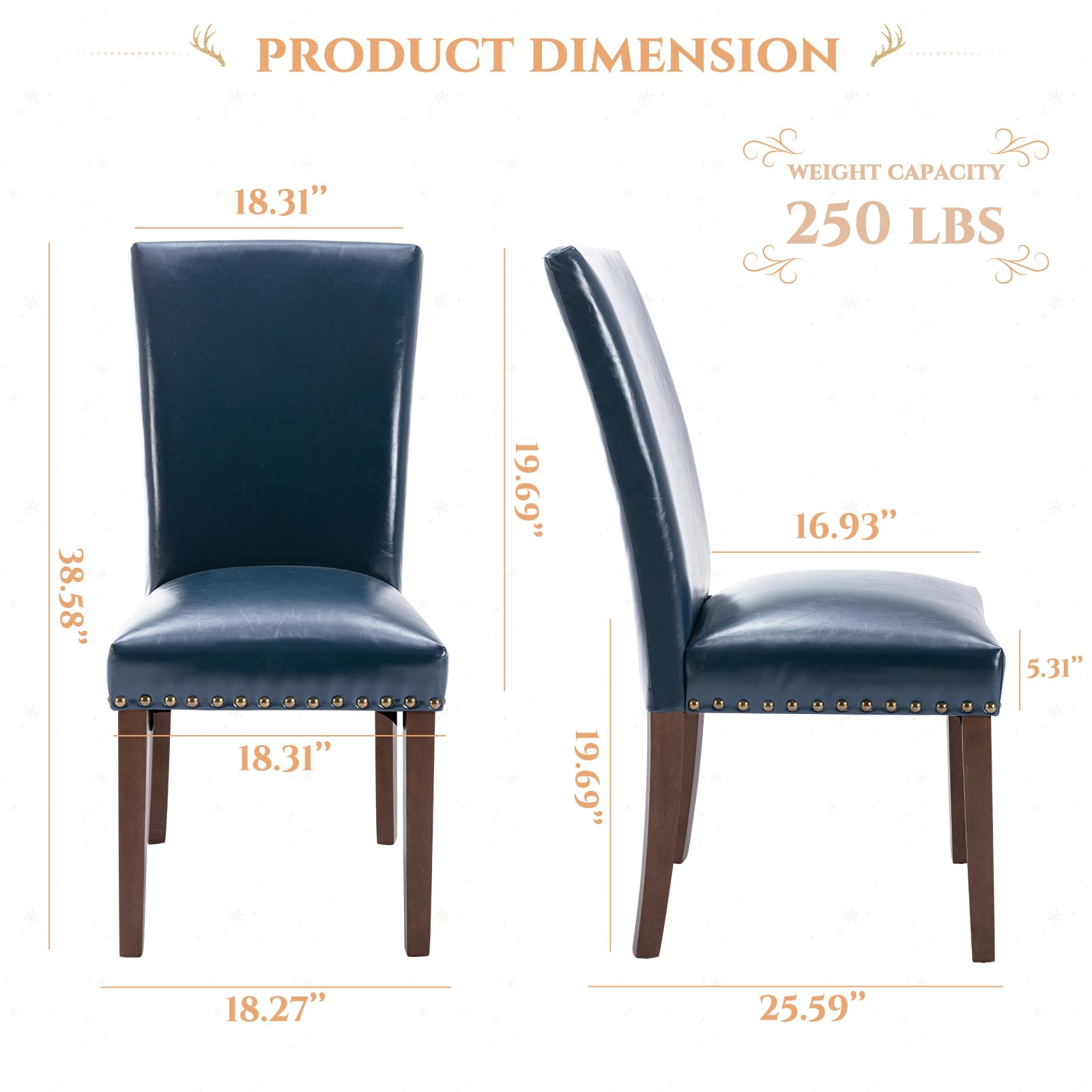 Parsons Dining Chairs Set of 4 - Upholstered PU Leather Kitchen Side Chairs with Nailhead Trim, Thick Cushions & Sturdy Wood Legs in Blue | Elegant Dining Room & Kitchen Seating for Family Gatherings