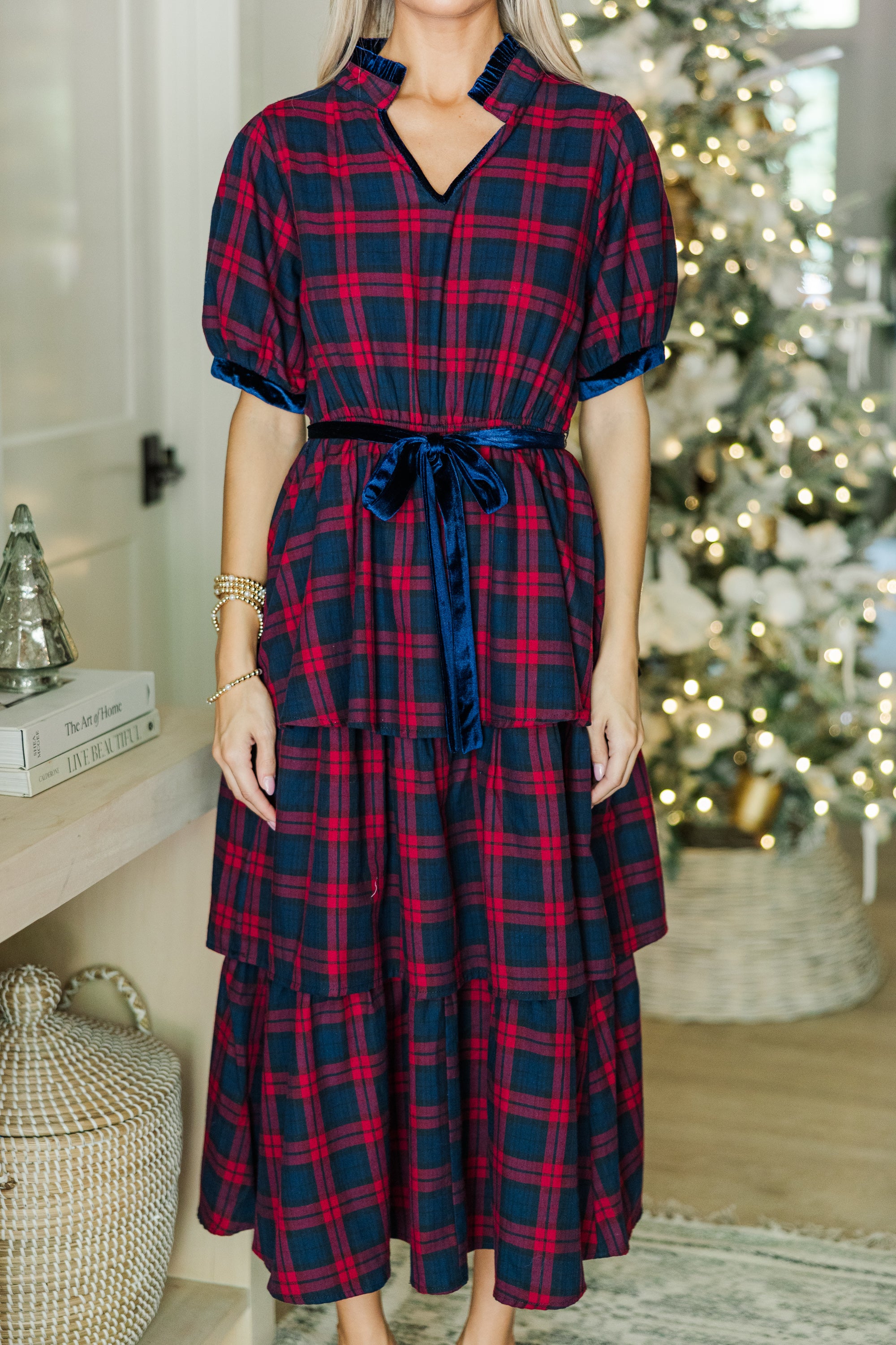 Stylish Red Tartan Plaid Midi Dress for Women - Perfect for Christmas Parties & Holiday Gatherings