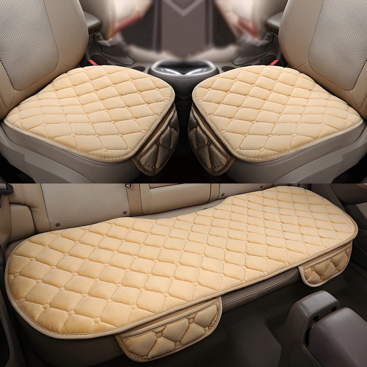 3PCS Velvet Breathable Car Seat Cushion Set with Memory Foam & Non-Slip Bottom - Front & Back Seat Protector for Cars, SUVs, Trucks | Comfortable Driving & Long Trip Support (Beige)