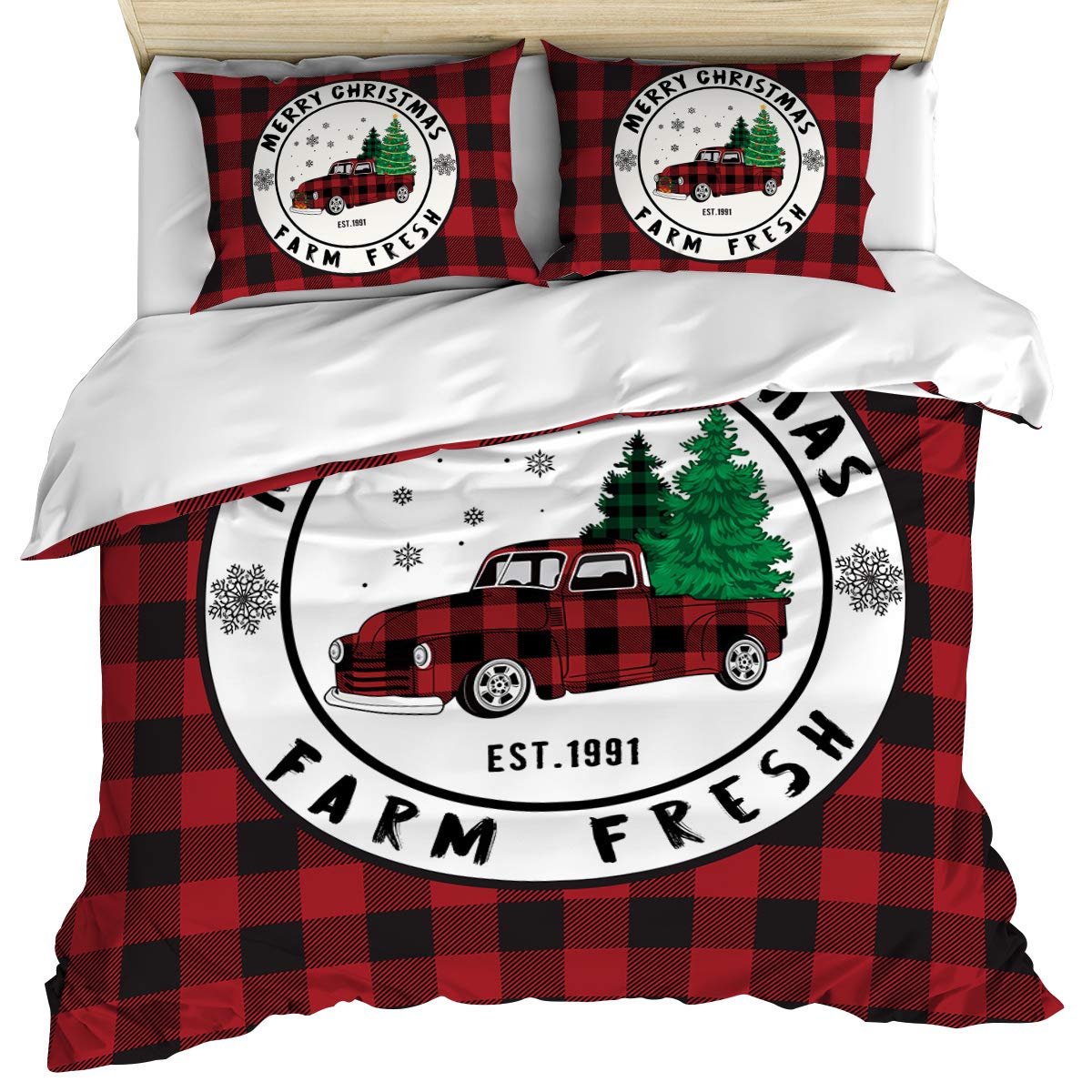 Christmas Tree Truck Buffalo Plaid California King Duvet Cover Set - 3 Piece Reversible Microfiber Bedding with 2 Pillowcases | All Season Farmhouse Style Winter Decor | Perfect for Holiday Guest Rooms & Cozy Cabin Retreats