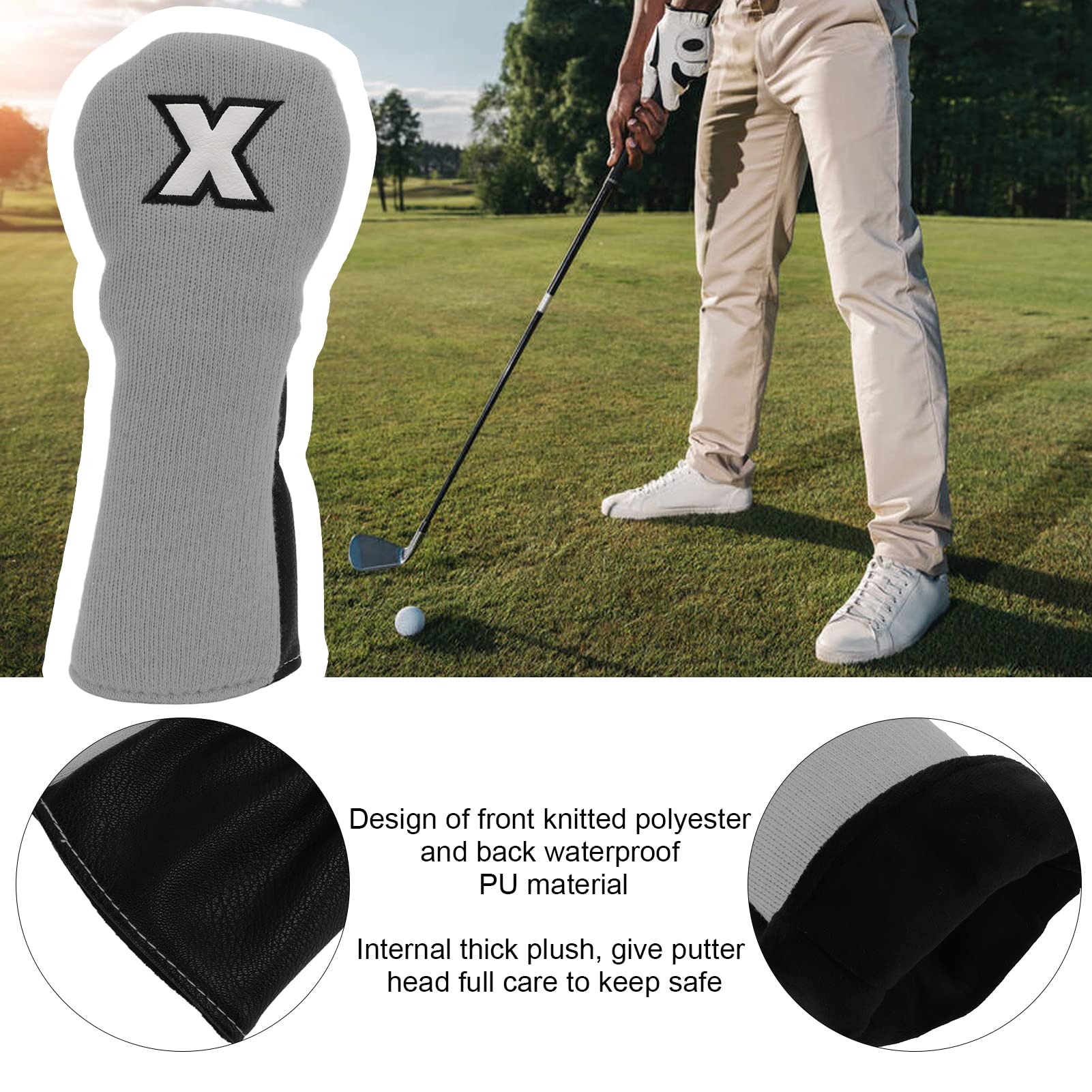 Premium Golf Club Head Covers - 8.9x3.7in Leather & Fabric Hybrid Wood Covers with X Pattern Design for Men & Women | Ideal for Driving Range Practice, Course Play & Club Protection