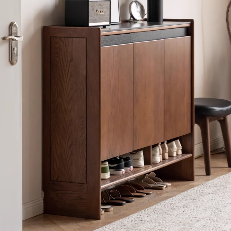 Solid Oak Wood Modern Shoe Rack with Rock Board Design - Stylish Shoe Storage for Entryway, Living Room, or Bedroom Organization