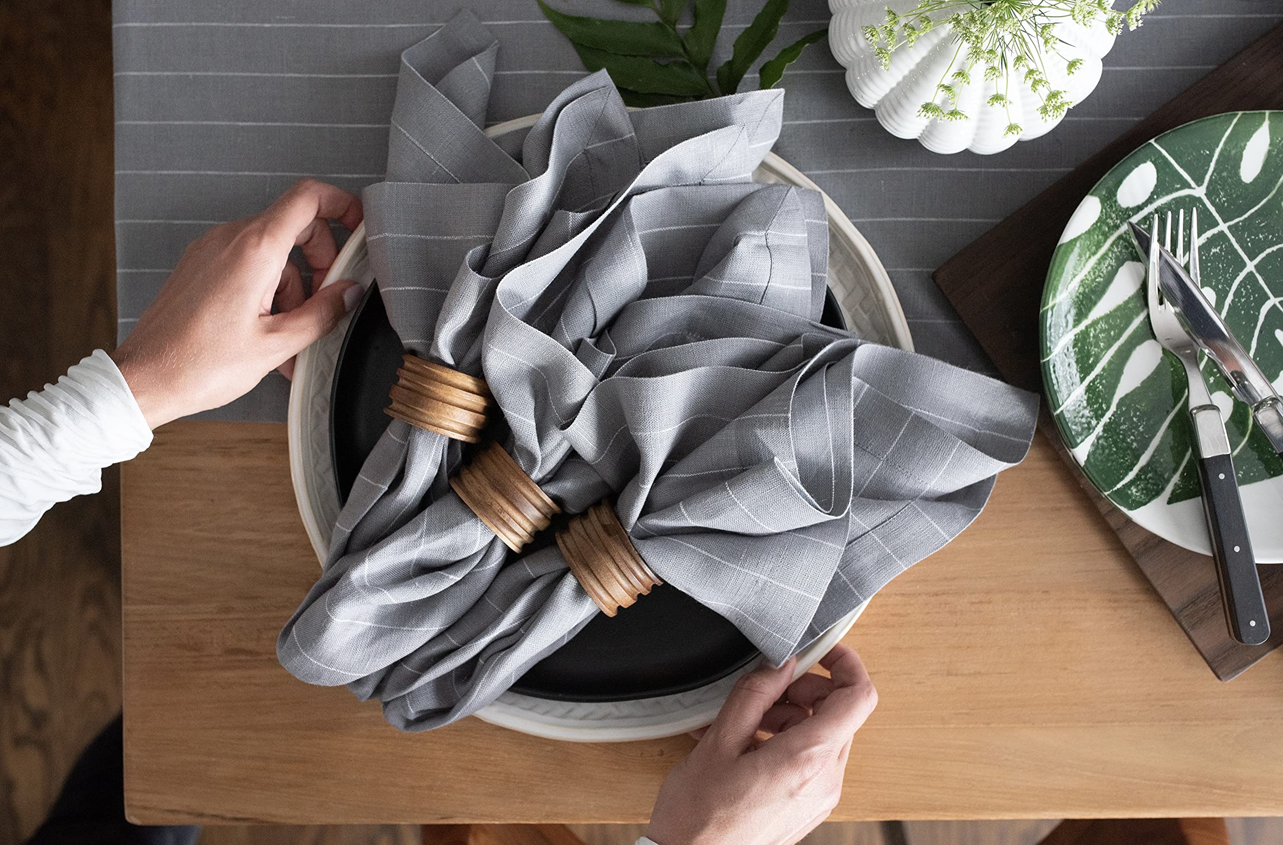 Solino Home 100% Pure Linen Dinner Napkins Set of 4 - 20x20 Inch Grey & White Striped Cloth Napkins for Spring, Easter, Mother's Day - Handcrafted, Machine Washable - Perfect for Dinner Parties, Weddings & Home Decor