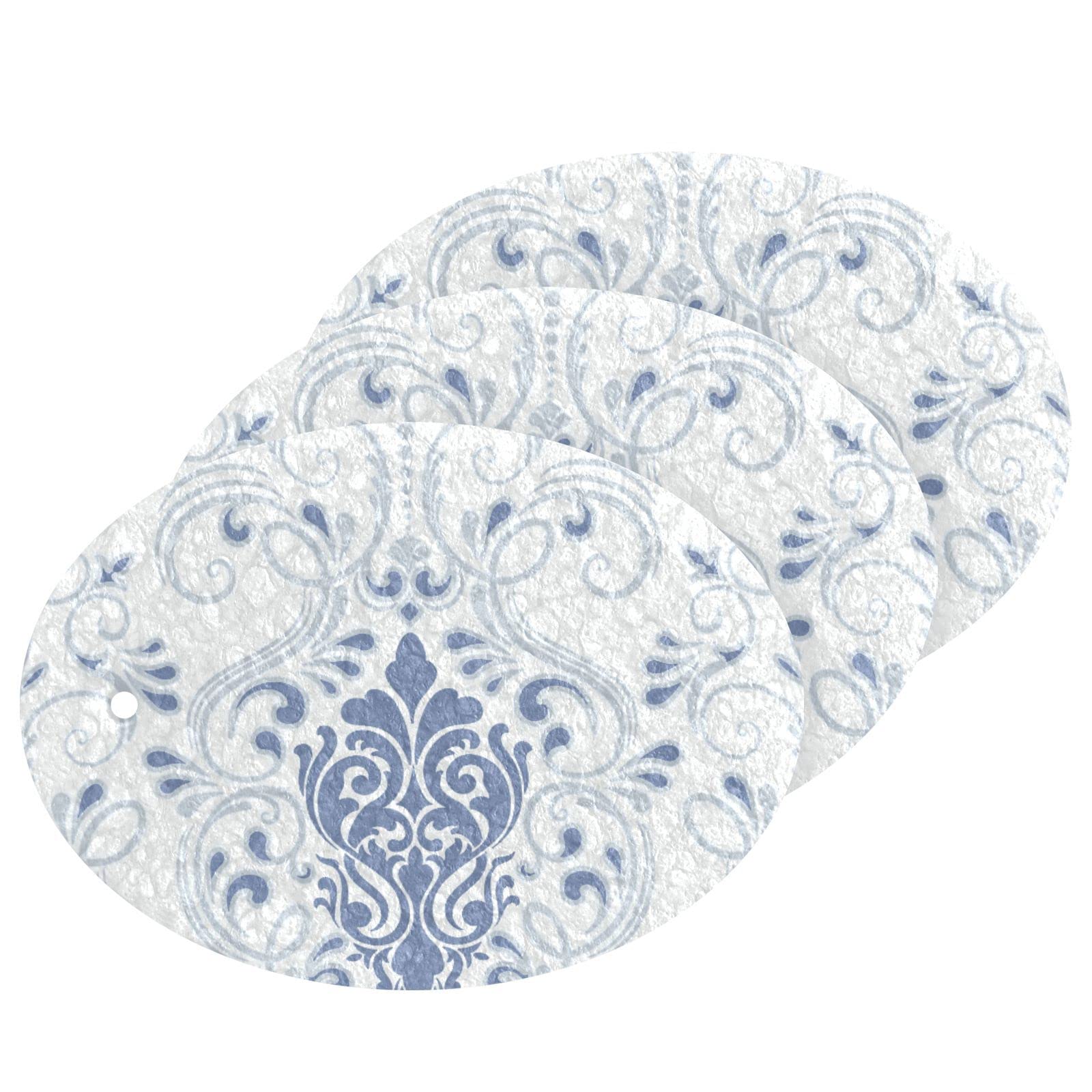 Kcldeci 3 Pack Blue Damask Floral Baroque Dish Scrub Sponge Pads - Exquisite Kitchen Sponges for Dishwashing, Household Cleaning, and Stain Removal