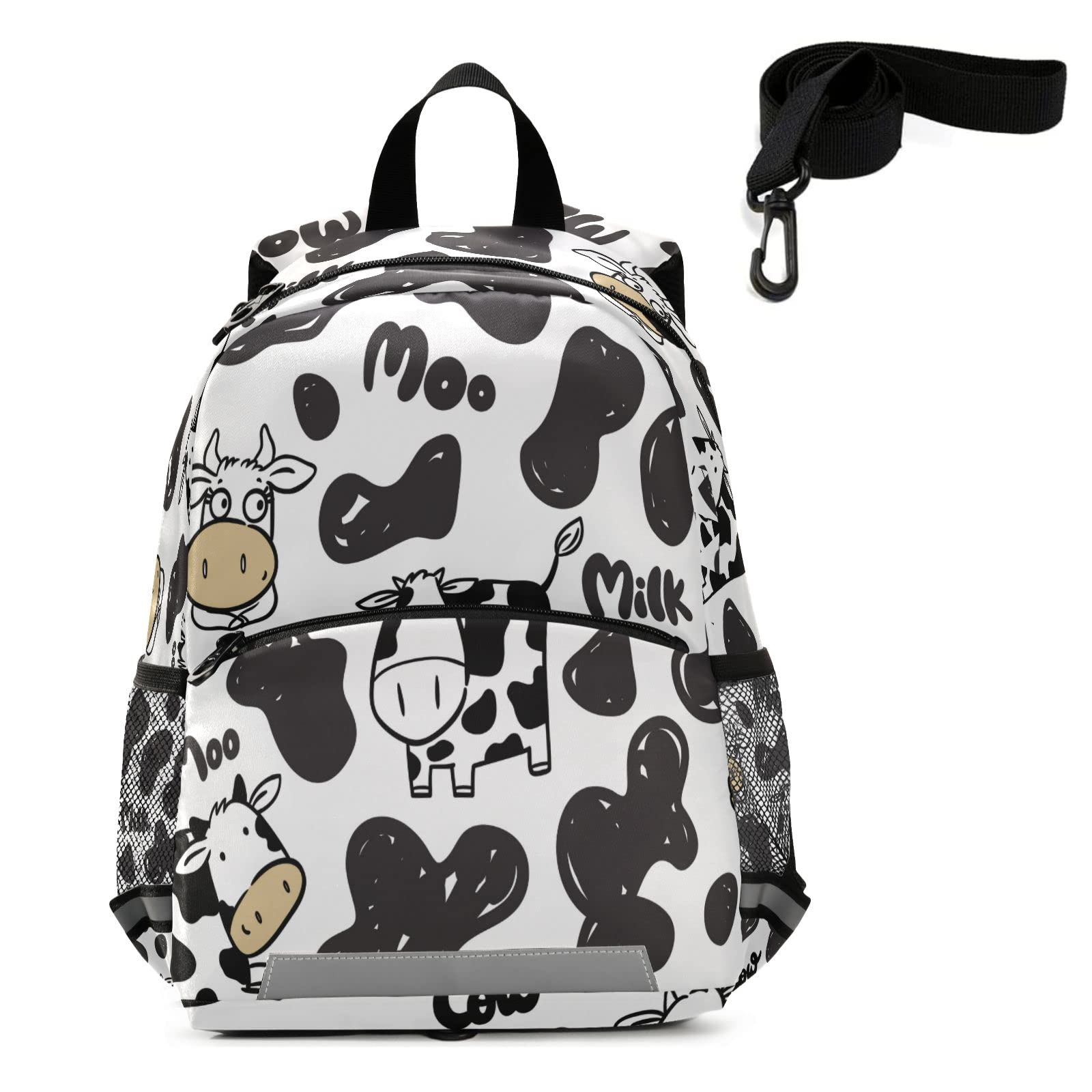 QUGRL Black & White Cow Print Kids Toddler Backpack with Adjustable Leash Harness - Cute Milk Themed Kindergarten School Bag for Preschool Boys & Girls Ages 3-8 - Perfect for Daycare, Travel & Outdoor Adventures