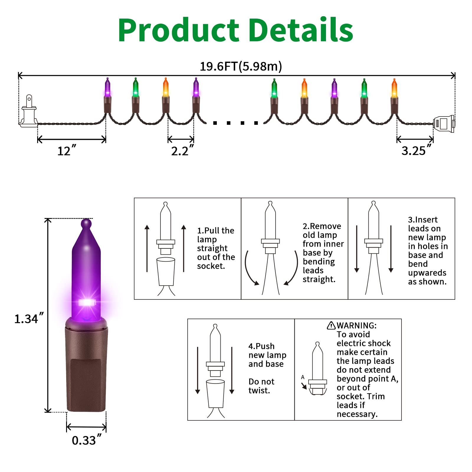 Super Bright 100 LED Extendable Halloween String Lights - 19.6ft UL Certified Orange Purple Green Mini Bulb Lights for Outdoor Christmas Tree Garden Party Decor | Perfect for Halloween, Christmas, Patio, Yard & Holiday Decoration