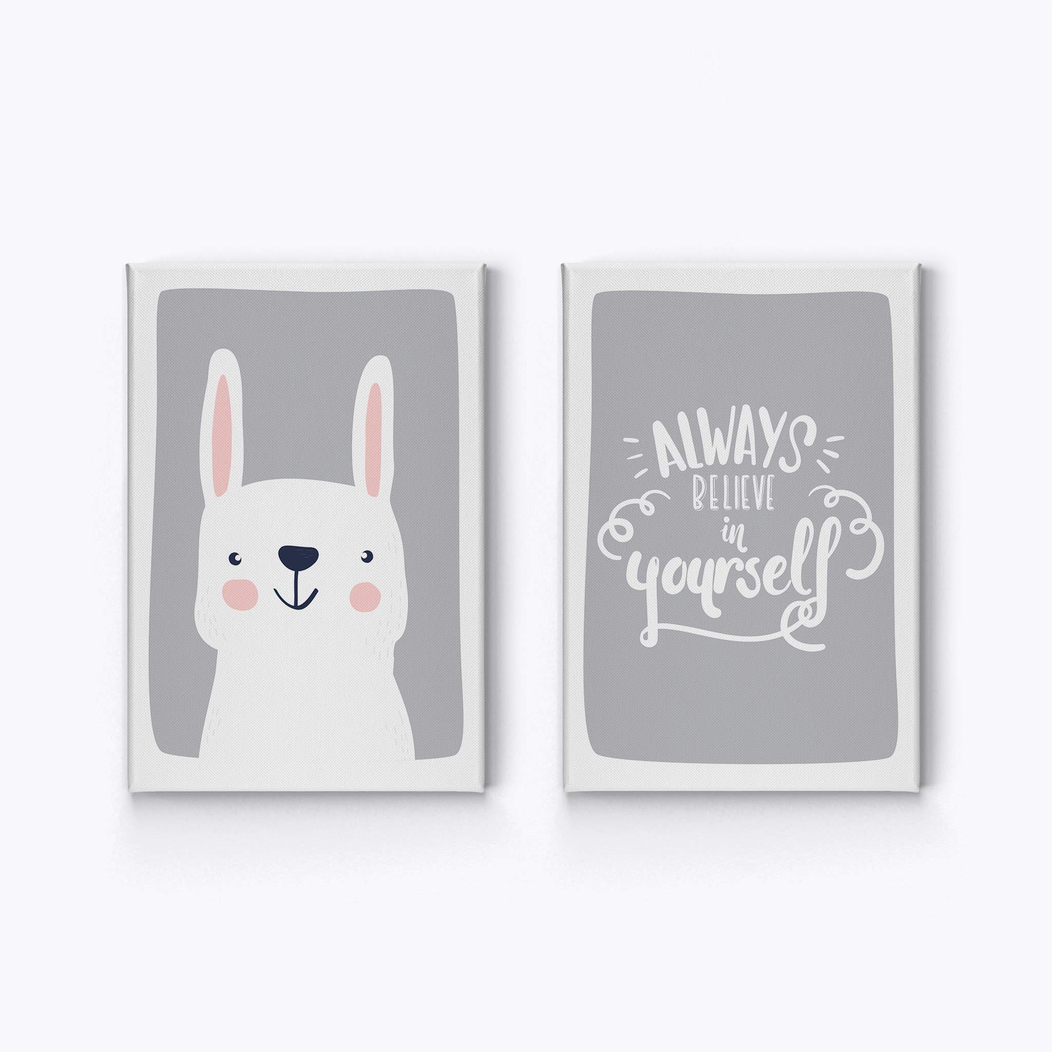 Cute Rabbit & Motivational Quote 2-Piece Canvas Wall Art Set - Gray Background Nursery Decor for Baby Boy & Girl Rooms - Ready to Hang Made in USA (40x30 inches) - Perfect for Kids' Bedroom, Playroom & Nursery Wall Decor