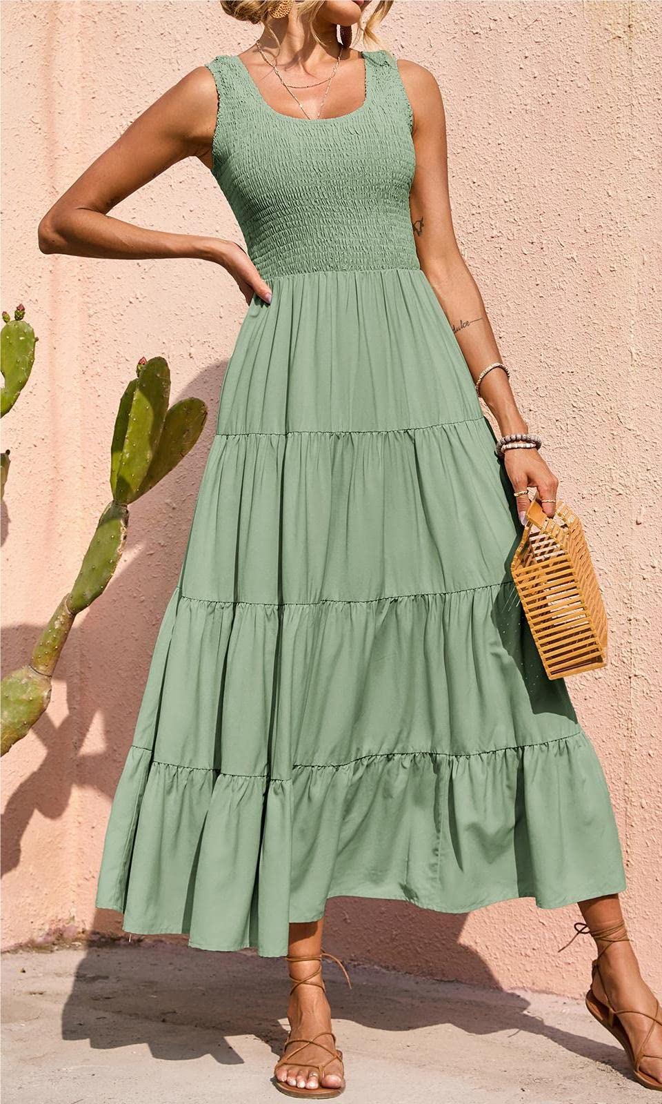 PRETTYGARDEN Women's Casual Loose Plain Maxi Sundress - Smocked Tank Summer Beach Dress with Tiered Design for Vacation, Pool Party & Outdoor Activities