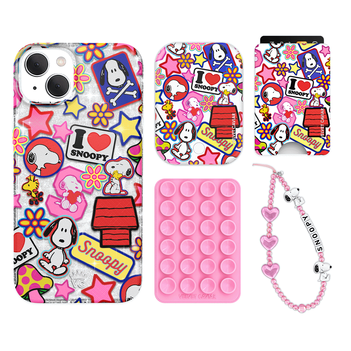 Snoopy Glitter iPhone Case with Wallet - Cute Cartoon Patchwork Design for iPhone 13/14/15 Pro Max - Perfect for School, Work & Travel Accessories