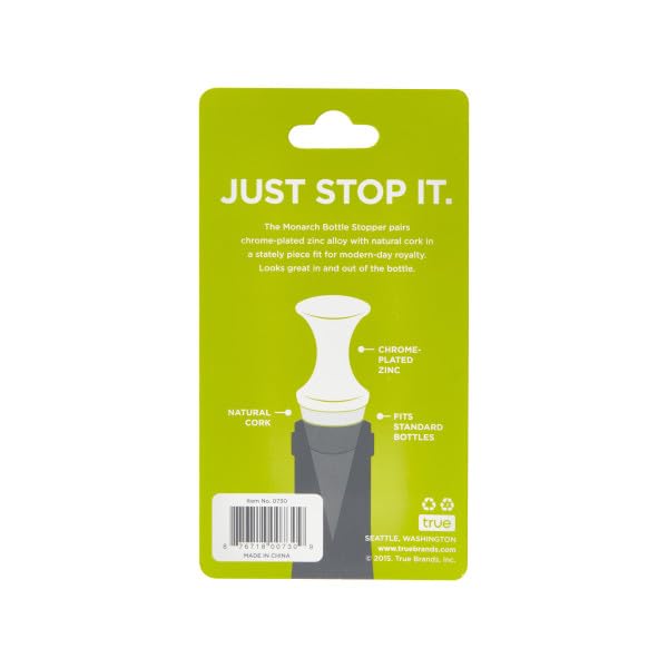 Premium Zinc Alloy Wine Stoppers with Natural Cork - Reusable Glass Bottle Stoppers for Wine Preservation - True Monarch Cork Wine Bottle Sealer (Set of 1) - Perfect for Home Bars, Wine Cellars & Dinner Parties