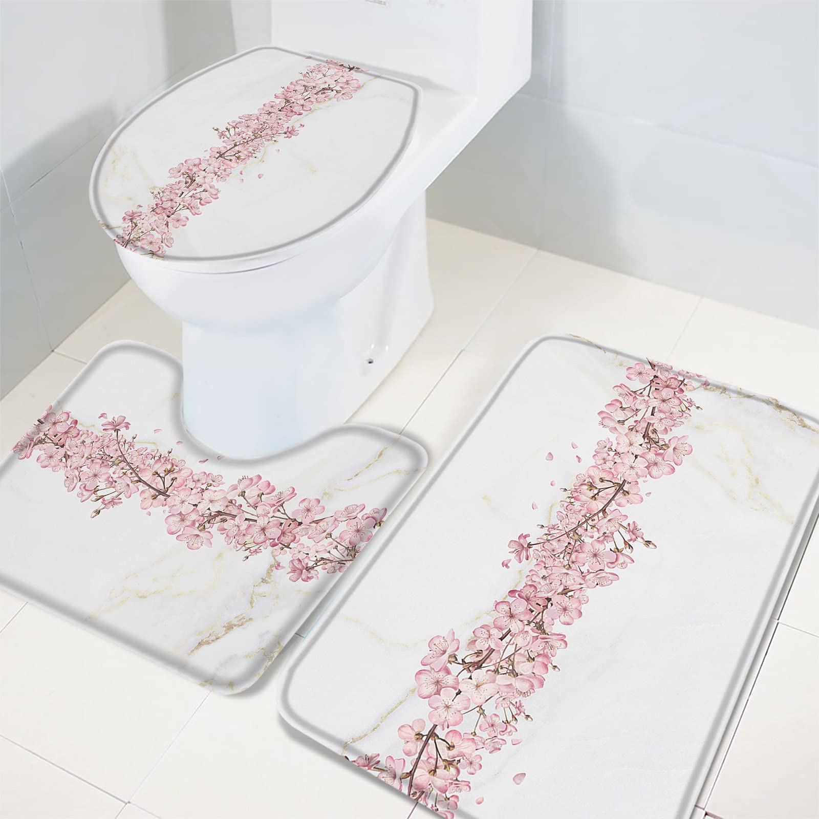 3-Piece Pink Peach Blossom White Marble Bathroom Rug Set - Non-Slip Absorbent Shower Mats with Toilet Lid Cover, Soft Contour Bath Mat for Safety & Comfort - Perfect for Modern Bathrooms & Spa-Like Home Decor