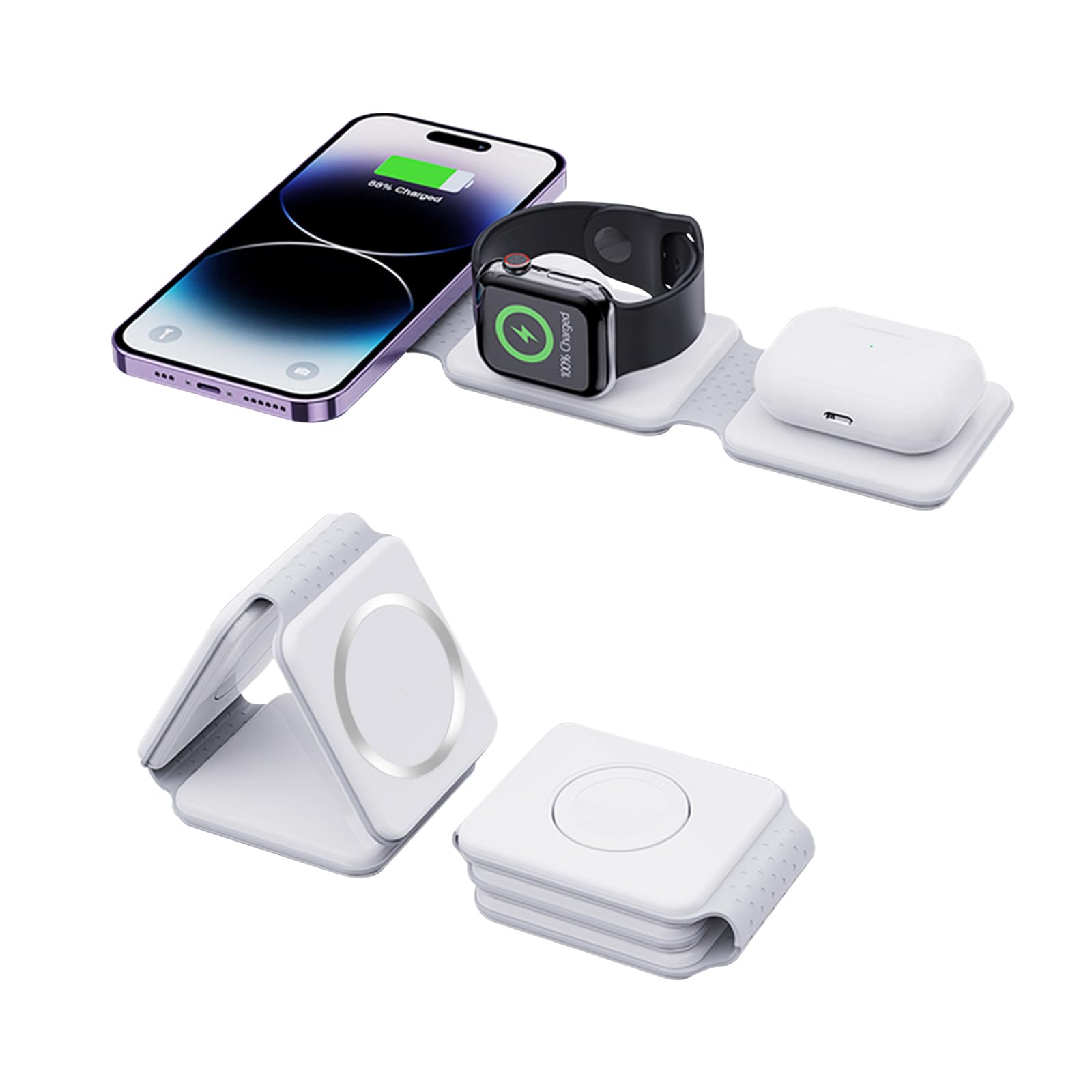 DTD 3-in-1 Foldable Wireless Charging Station for iPhone 15/14/13/12/11/Pro/Max/X/XS/XR/8/8 Plus, Apple Watch & AirPods - Fast Qi-Certified Charger for Home, Office & Travel