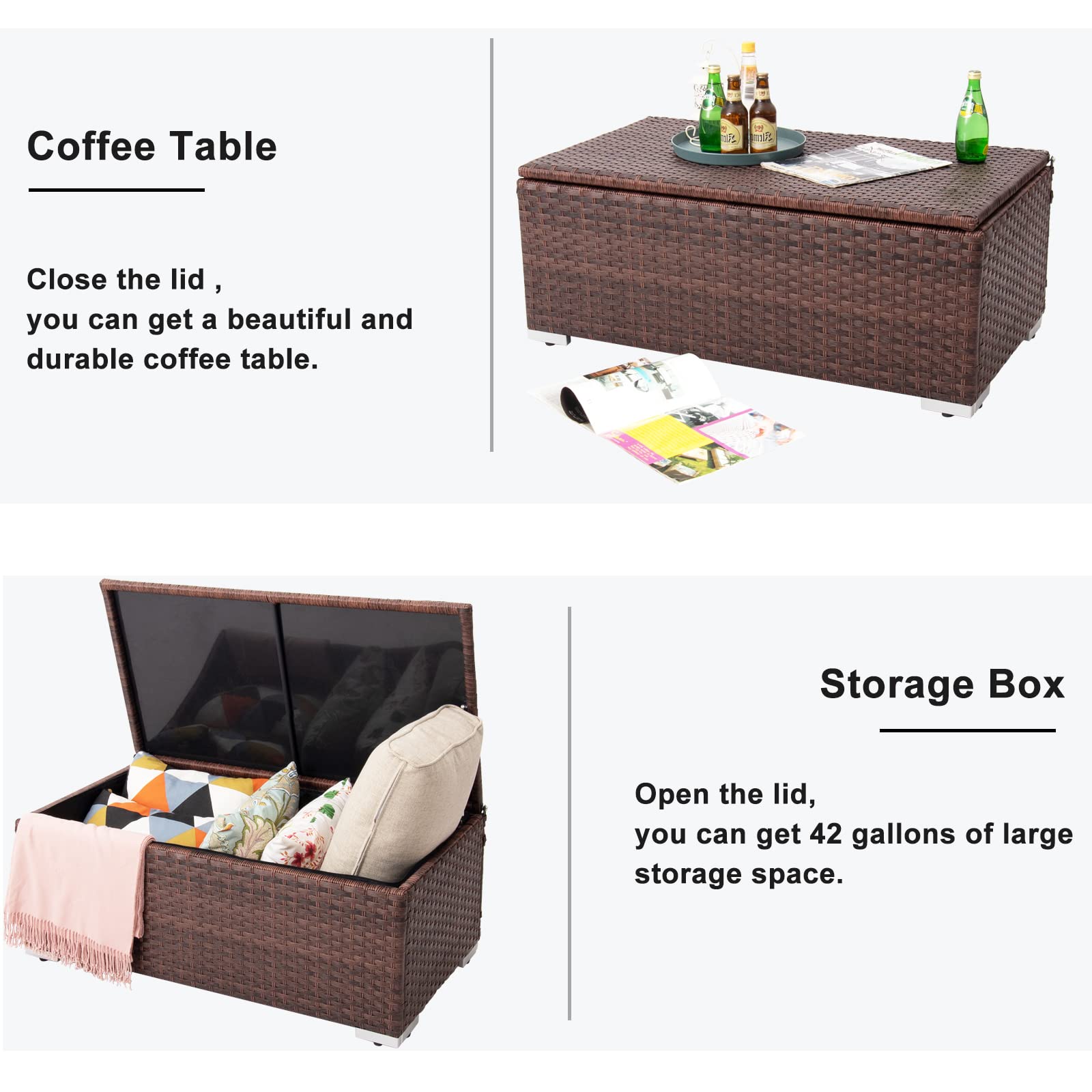 DIMAR GARDEN Outdoor Storage Coffee Table with Waterproof Cover - 42 Gallon Patio Wicker Storage Table in Mixed Brown | Weatherproof Deck Furniture for Garden, Poolside & Backyard Relaxation