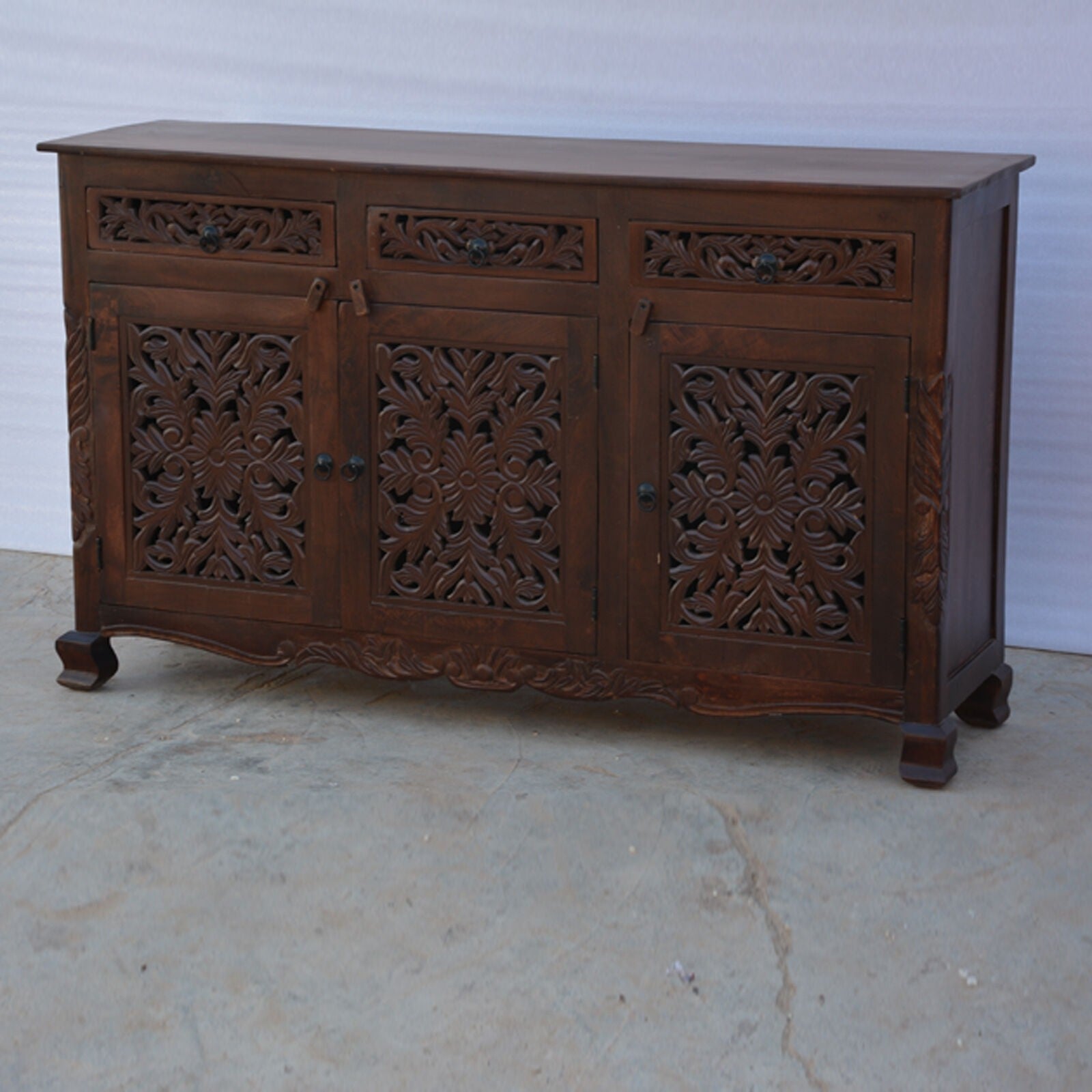Solid Wood Carved Jali Door Sideboard - Handcrafted Brown Cabinet for Living Room & Dining Room Storage | Traditional Indian Furniture for Home Decor