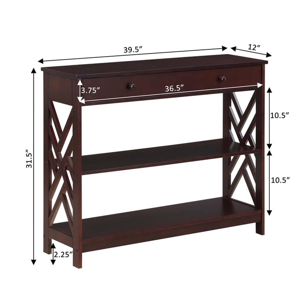 Convenience Concepts Titan 1-Drawer Console Table with Shelves - Brown Wooden Entryway Sofa Table for Living Room, Hallway & Small Spaces