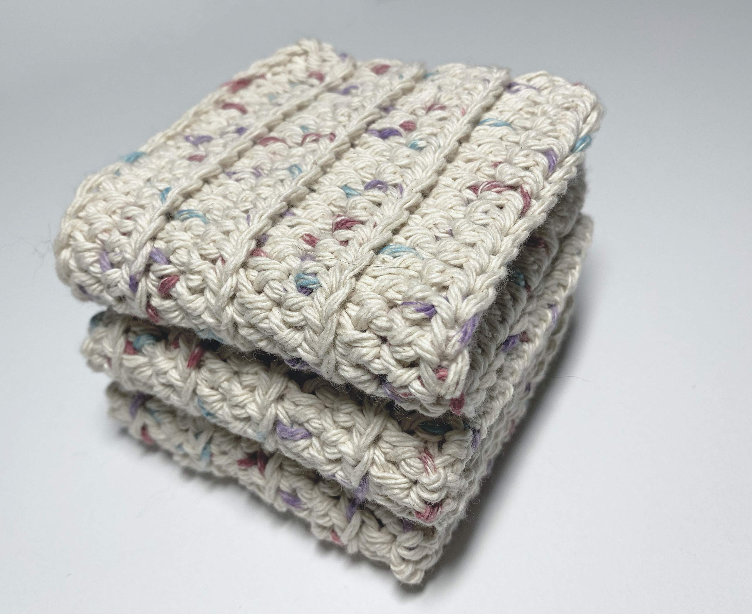 100% Cotton Washcloths Set of 3 - Handmade Crochet Dish Towels & Baby Wipes | Soft Linen Kitchen Towels with Beige Speckled Design | Perfect for Bathroom, Nursery & Kitchen Cleaning