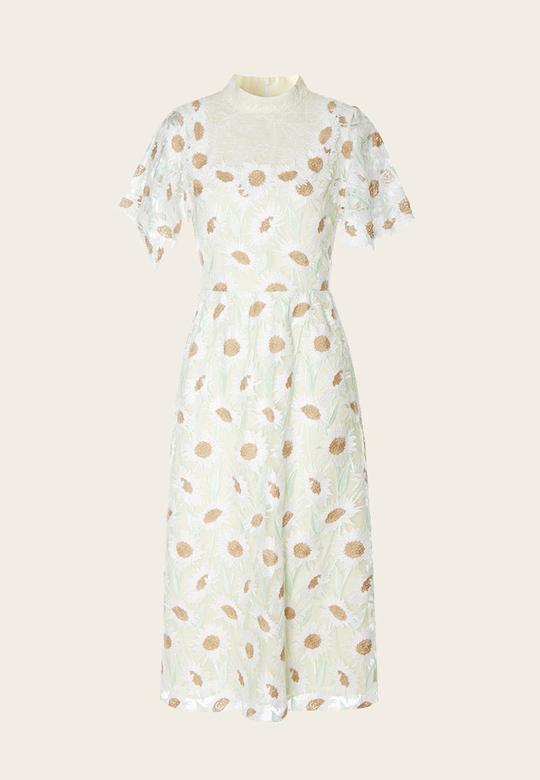 Elegant Chamomile Mix Lace Stand Collar Cocktail Dress for Women | Vintage-Inspired Party & Wedding Guest Outfit | Perfect for Evening Events, Date Nights & Special Occasions